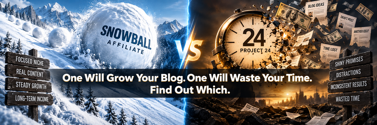 Snowball Affiliate vs Project 24 comparison banner — two paths for a niche blog