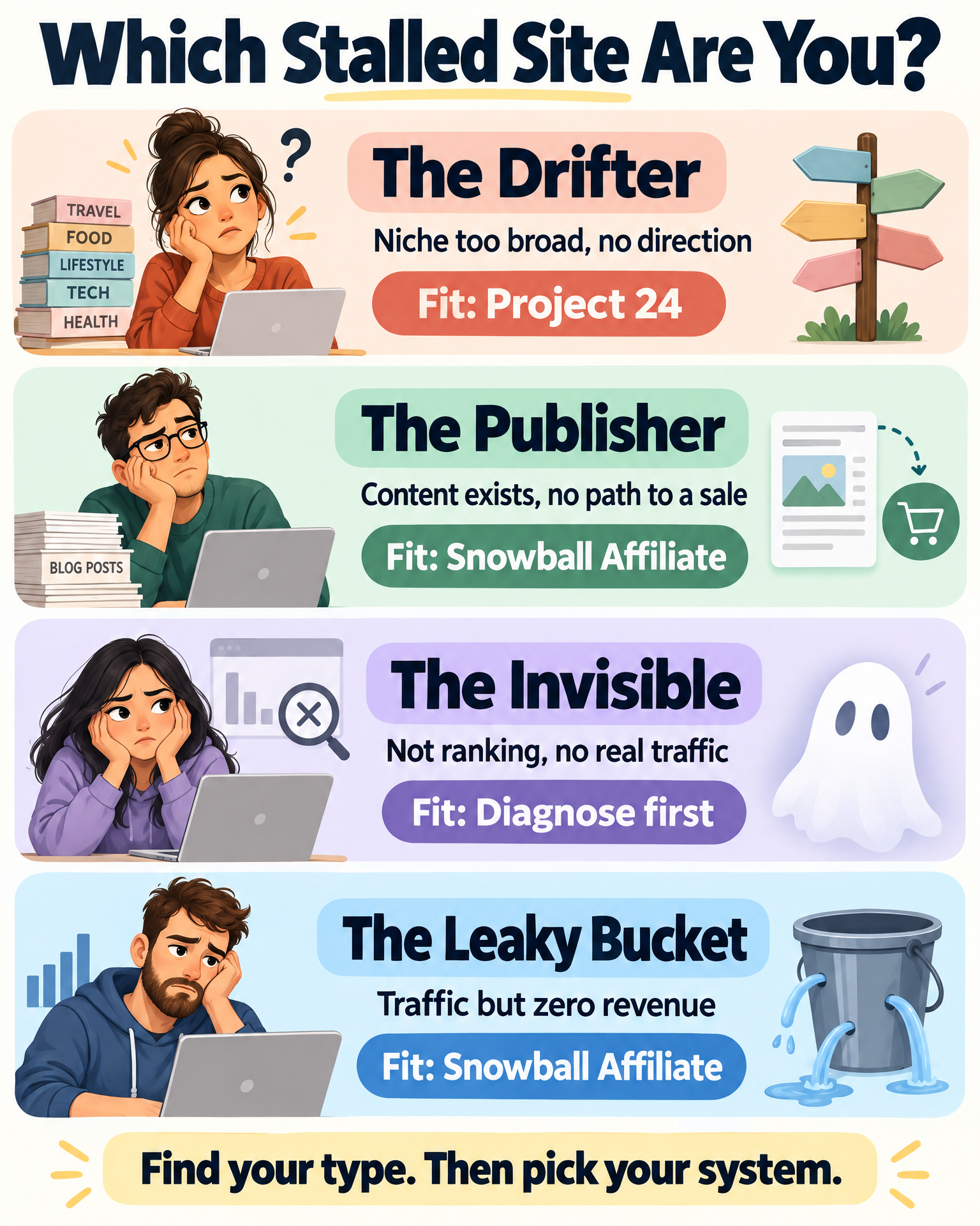 Identity archetype infographic — matching stalled-site scenarios to Snowball Affiliate or Project 24