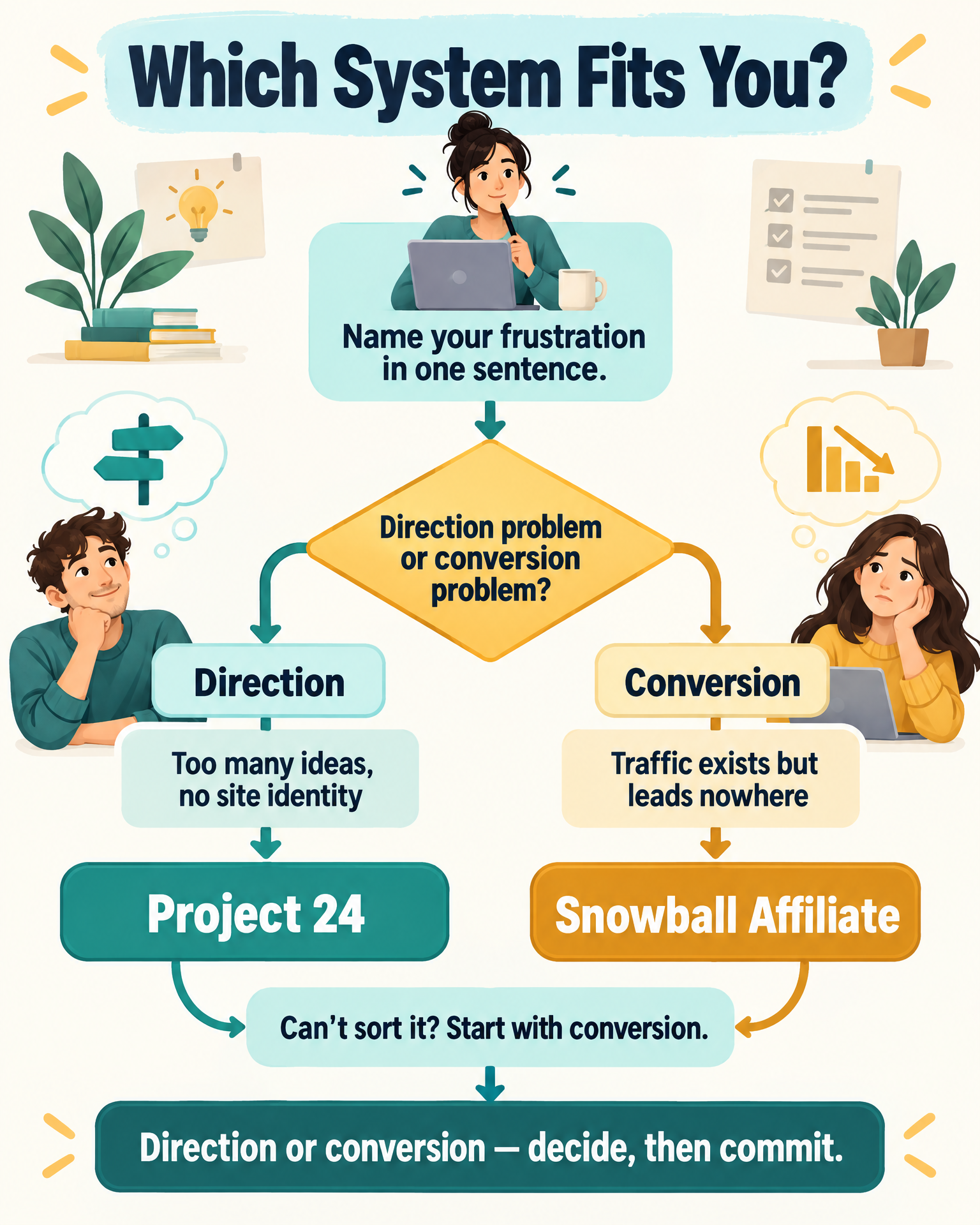 Decision flowchart infographic — choosing between Snowball Affiliate and Project 24