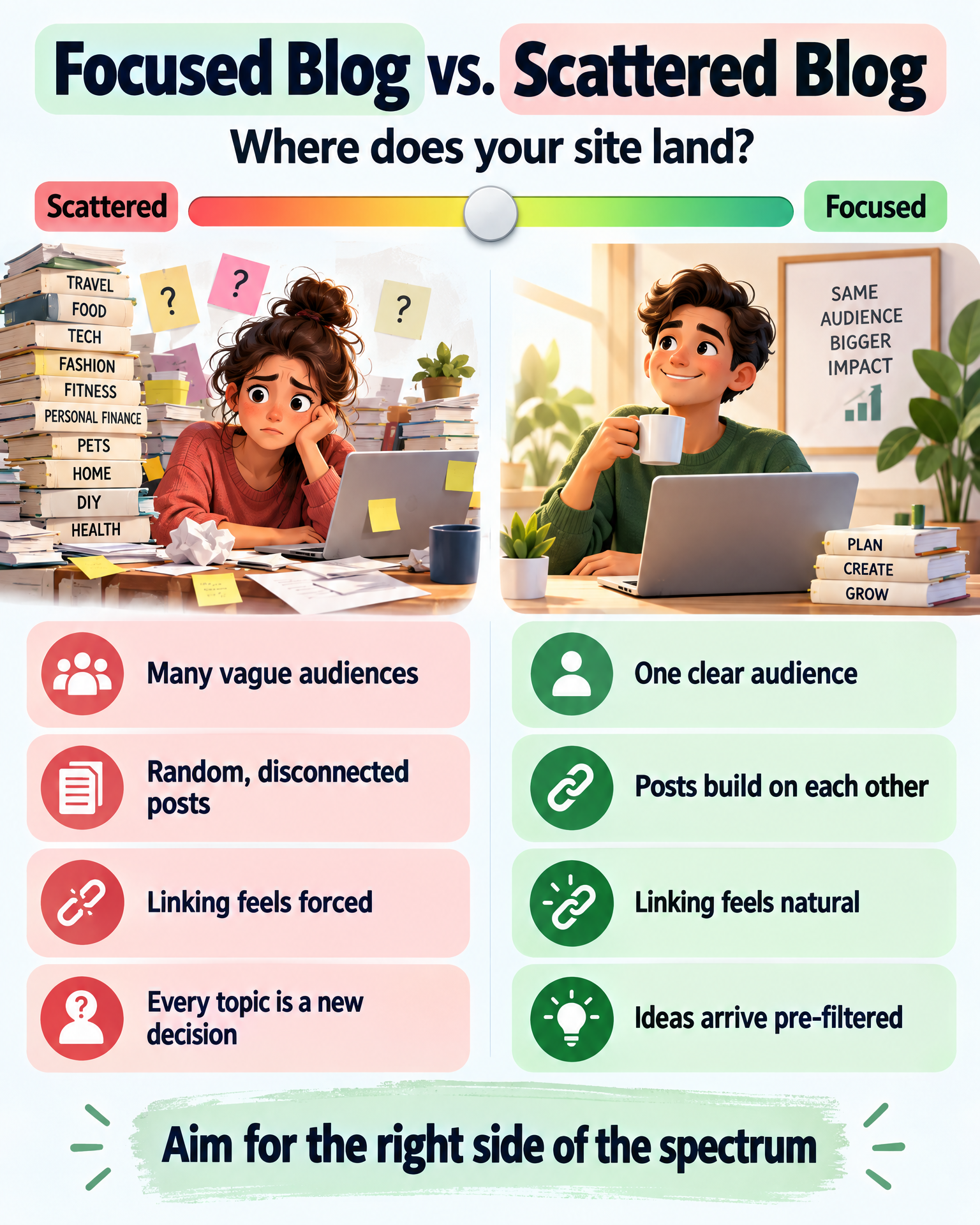 Focused Blog vs. Scattered Blog spectrum infographic