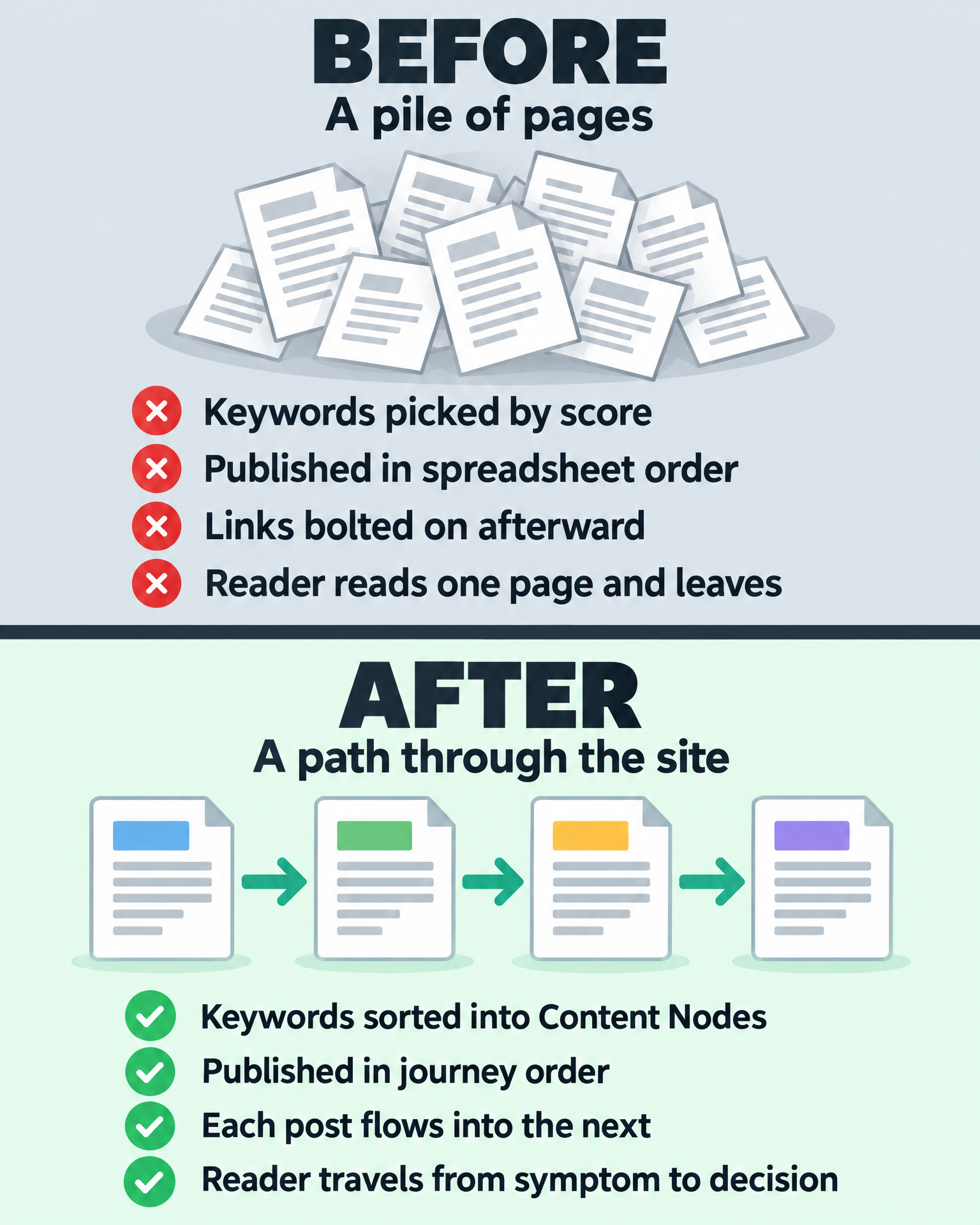Infographic: before — a pile of pages; after — a path through the site