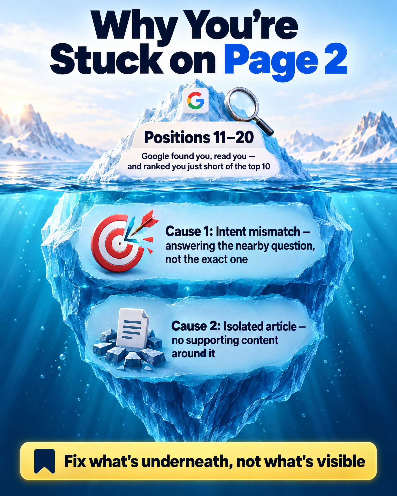 Page 2 rankings iceberg infographic: visible symptom vs hidden causes of stuck Google rankings