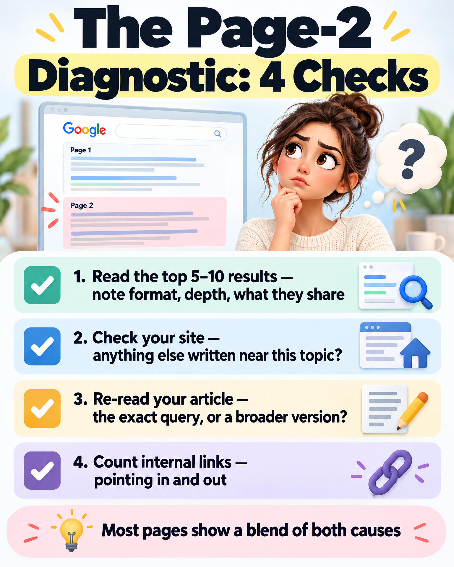 Diagnostic checklist infographic: figuring out which cause holds back a stuck article
