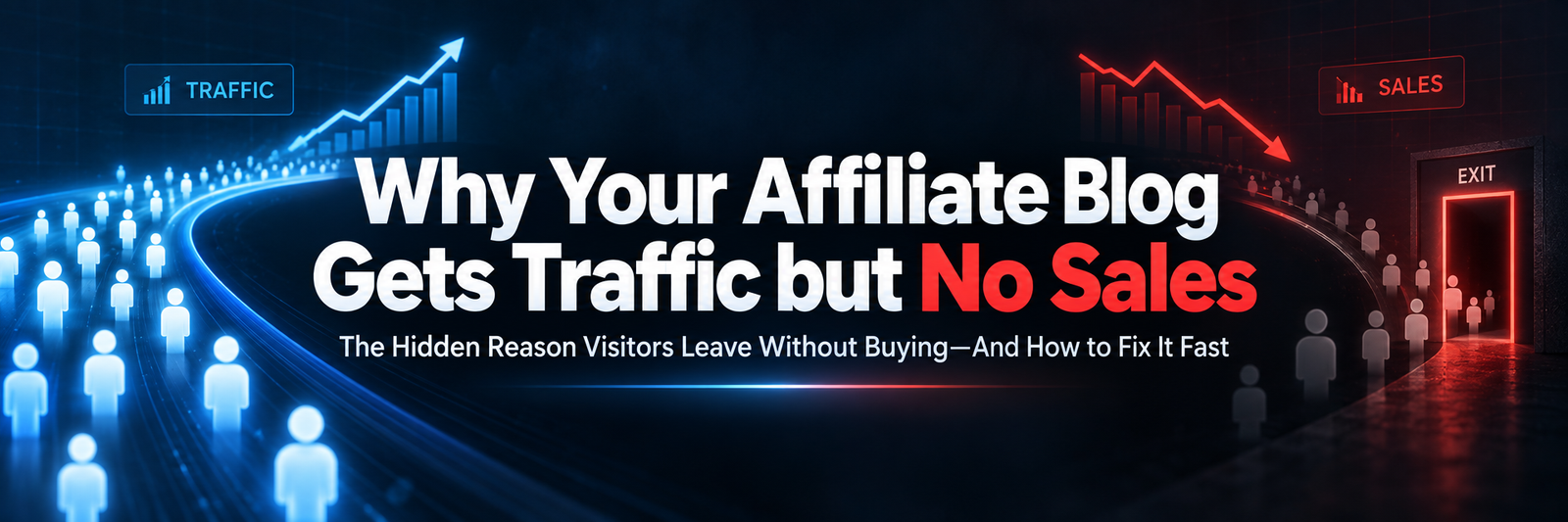 Banner illustration of an affiliate blog dashboard showing rising traffic with flat sales revenue
