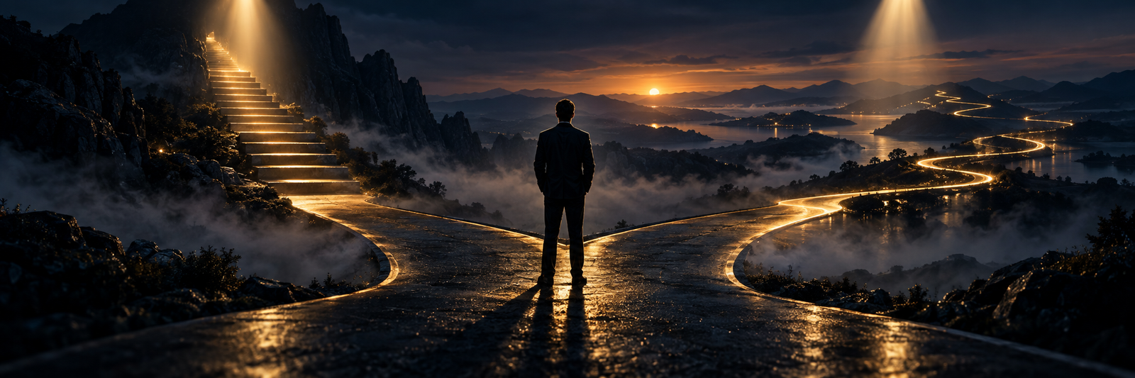 A figure at a fork in a dark road at dusk — one path toward a staircase of light, one toward winding light-trails — illustrating the diagnostic choice between Snowball Affiliate and Making Sense of Affiliate Marketing