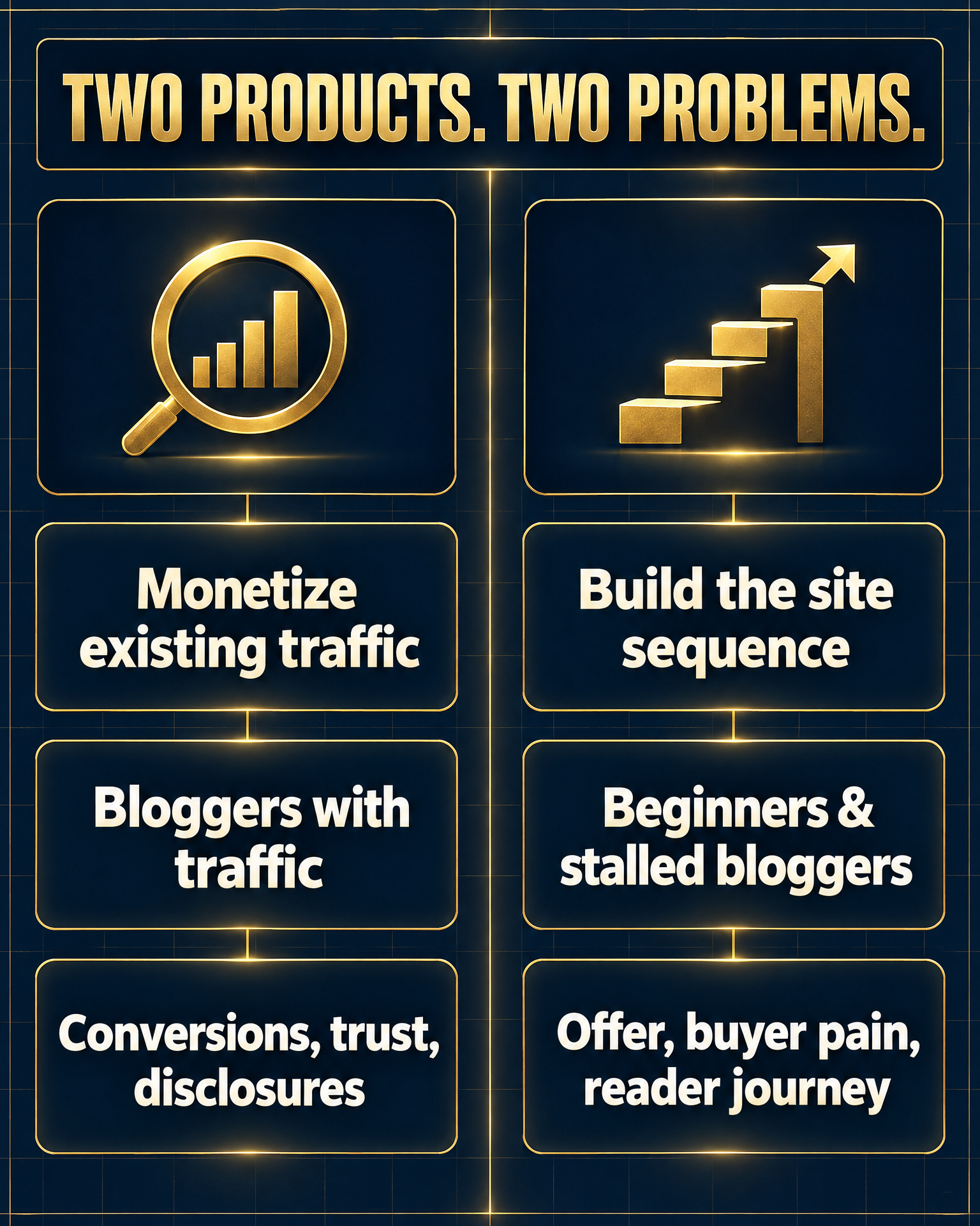 Comparison infographic: Making Sense of Affiliate Marketing (monetize existing traffic, for bloggers with traffic) versus Snowball Affiliate (build the site sequence, for beginners and stalled bloggers) — two products, two problems