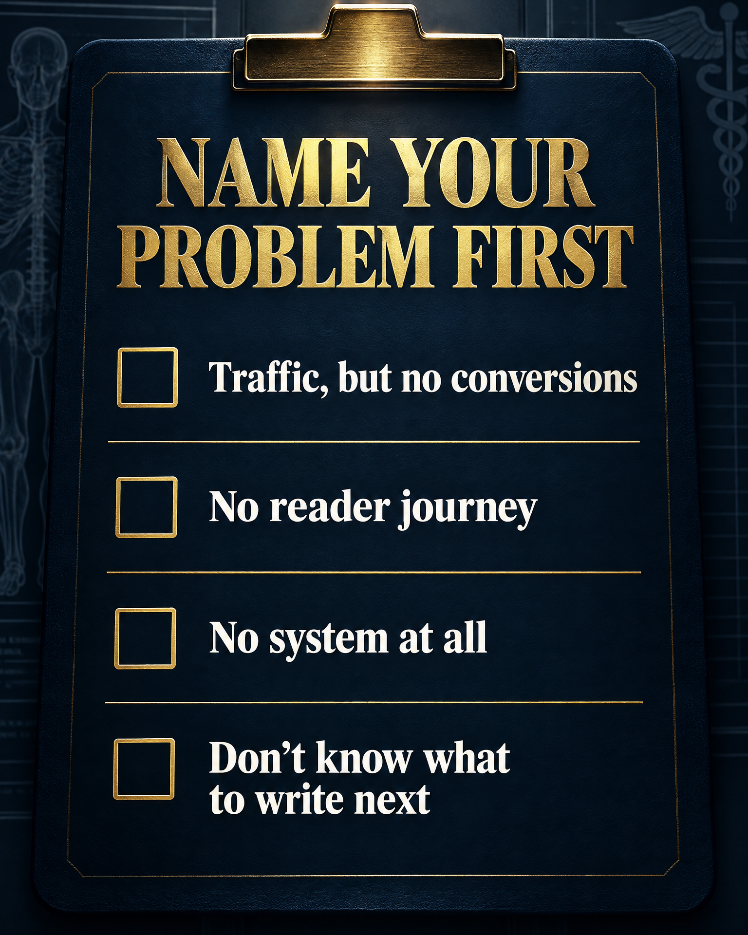 Diagnostic checklist infographic: name your problem first — traffic but no conversions, no reader journey, no system at all, or don't know what to write next