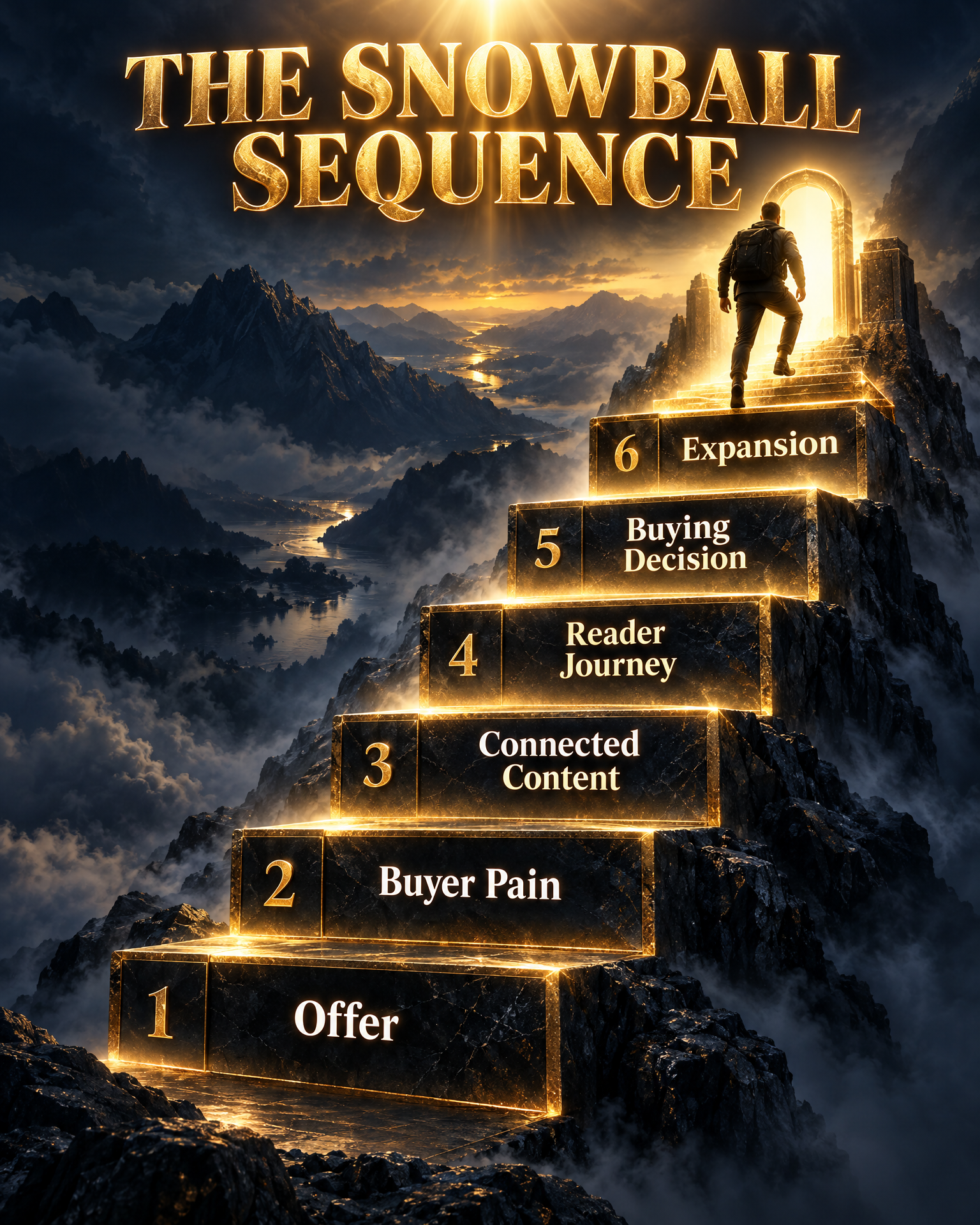 Infographic of the six-step Snowball Affiliate sequence: Offer, Buyer Pain, Connected Content, Reader Journey, Buying Decision, Expansion — shown as an ascending staircase