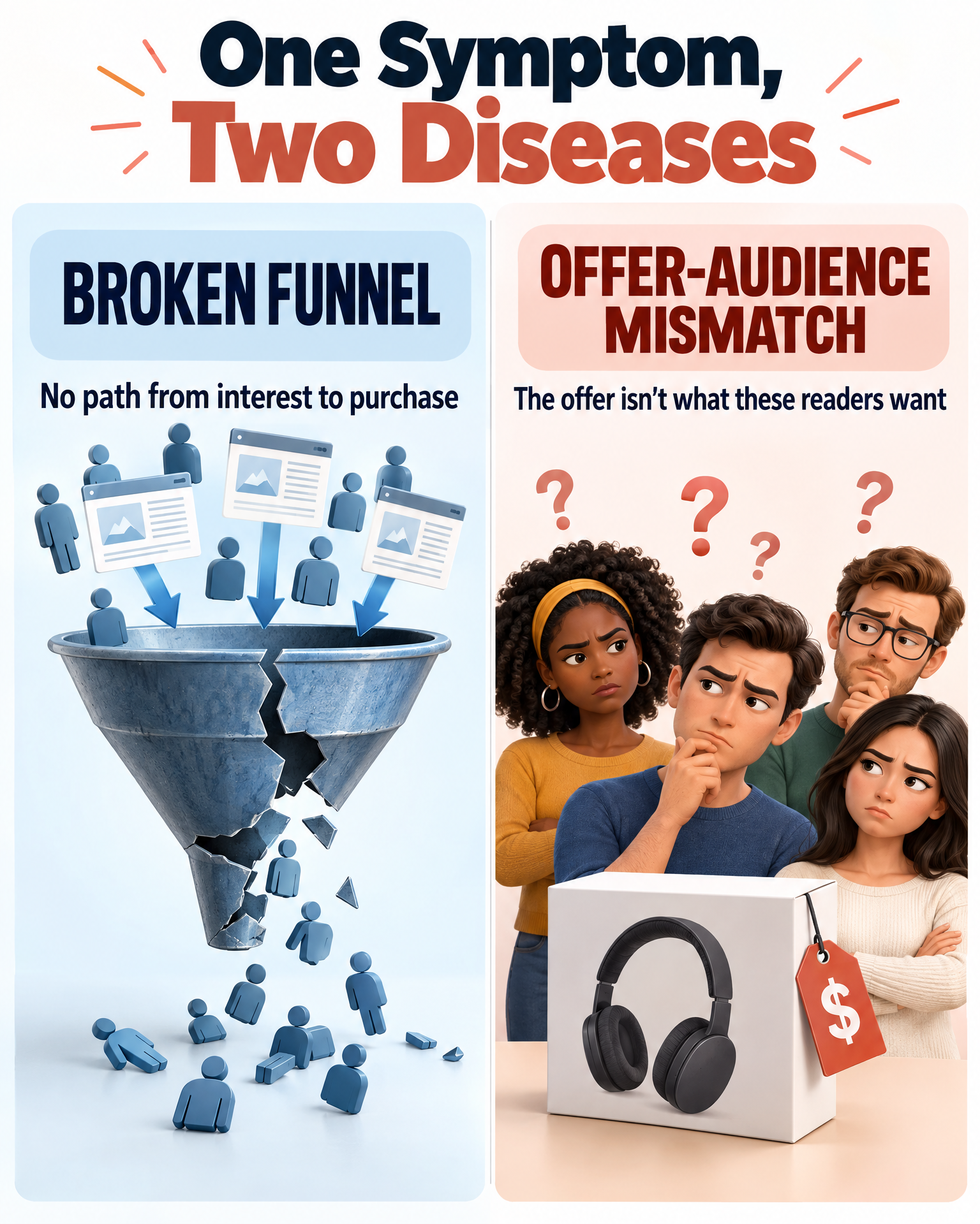Infographic comparing a broken affiliate funnel versus an offer-audience mismatch