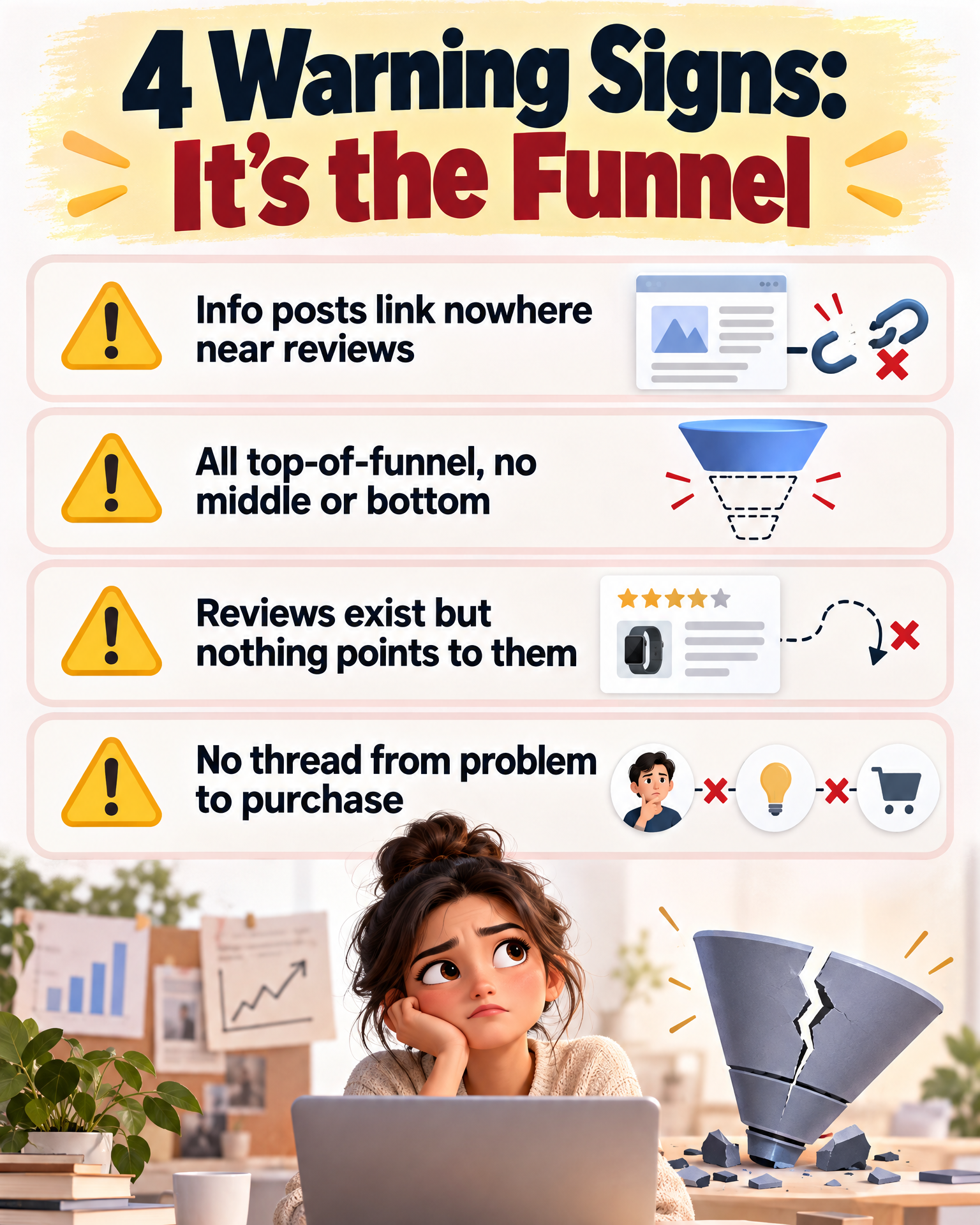 Infographic listing warning signs of a broken affiliate marketing funnel