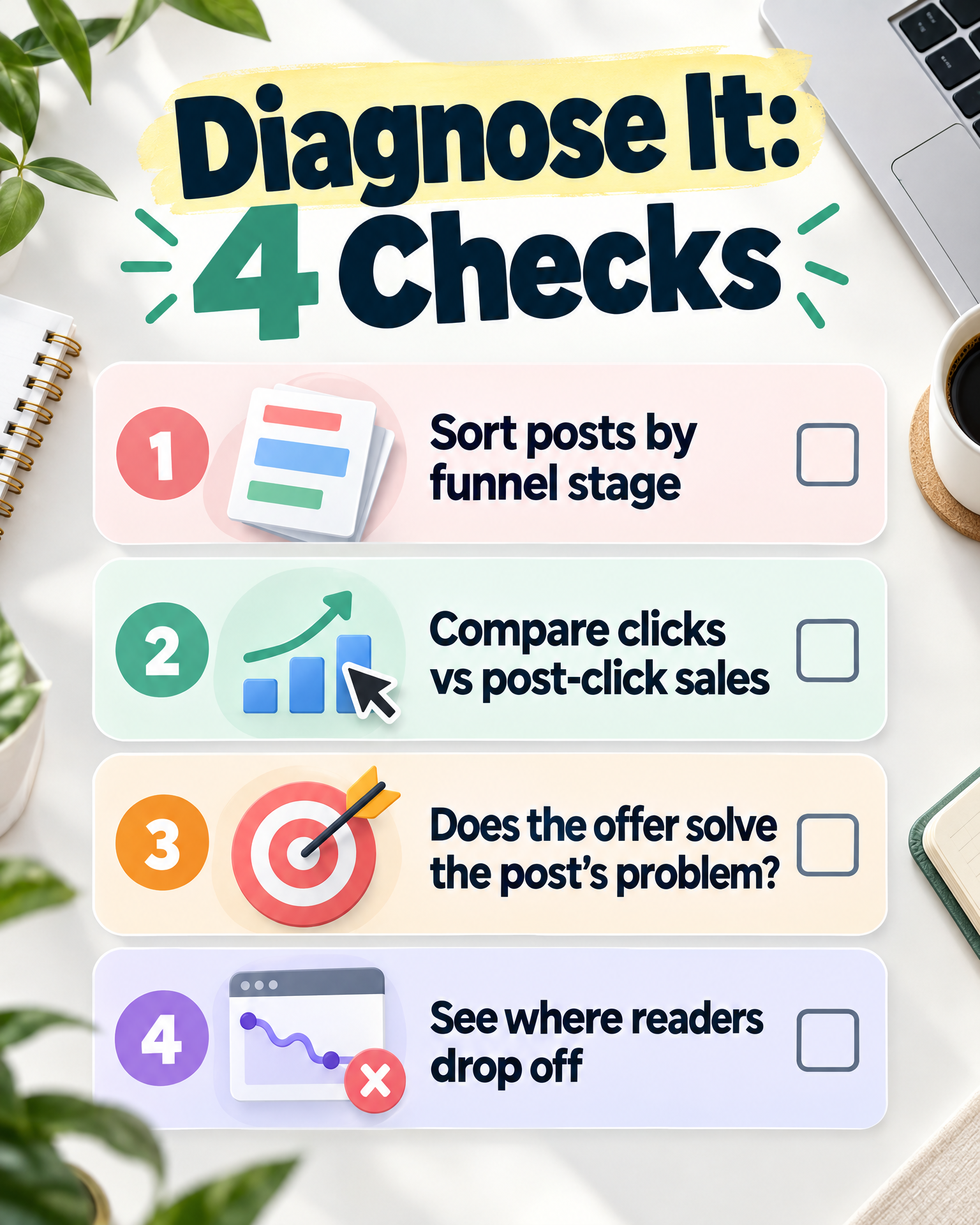 Checklist infographic for diagnosing why an affiliate blog gets traffic but no sales