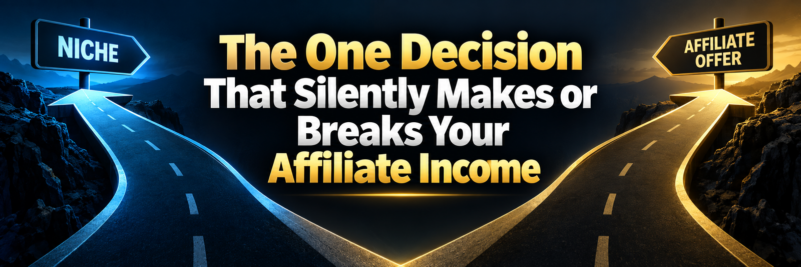 Should You Choose a Niche or an Affiliate Offer First? - article banner showing a crossroads between niche and affiliate offer
