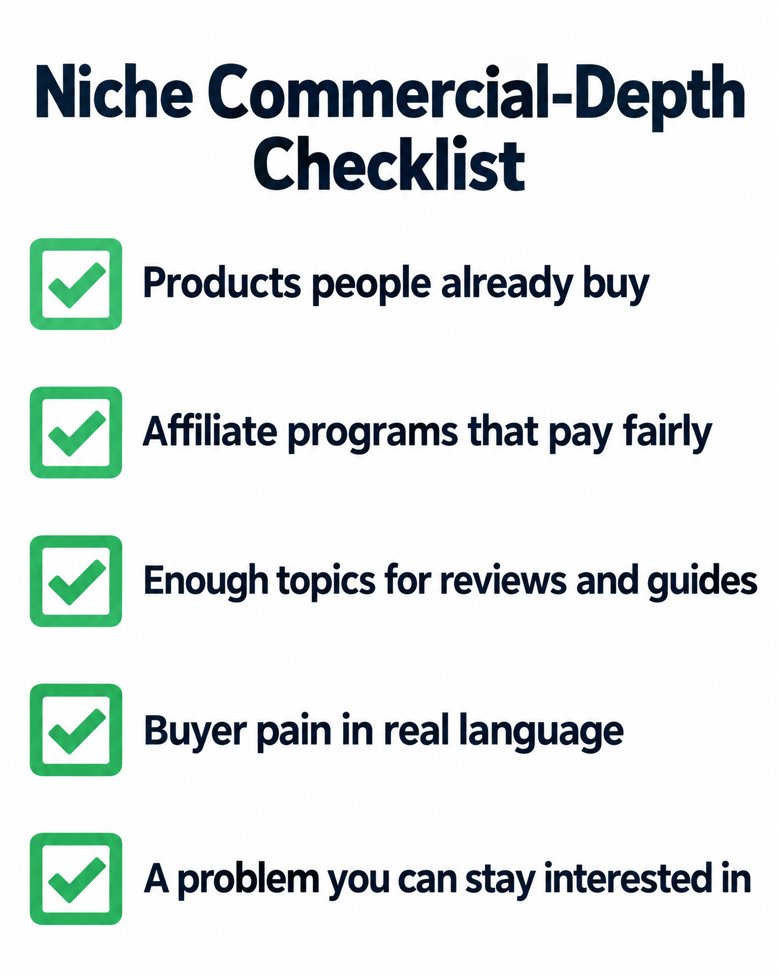 Niche commercial-depth checklist infographic for affiliate marketers