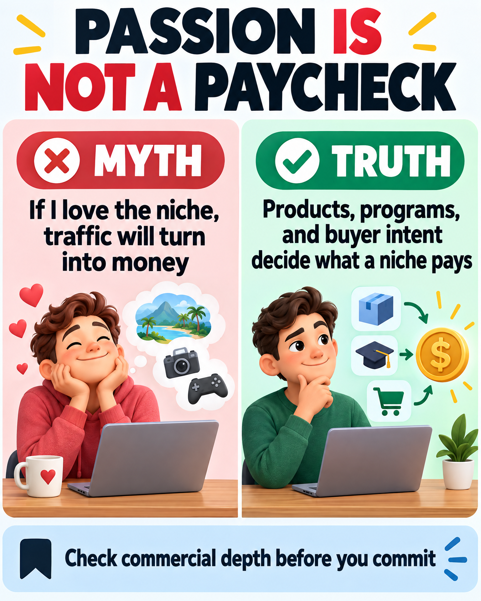 Myth vs truth infographic: passion is not a paycheck — commercial depth decides what an affiliate niche pays