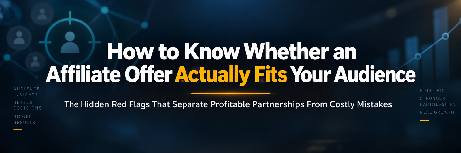Illustrated banner for the article How to Know Whether an Affiliate Offer Actually Fits Your Audience, showing a targeting crosshair over an audience member beside a rising revenue chart