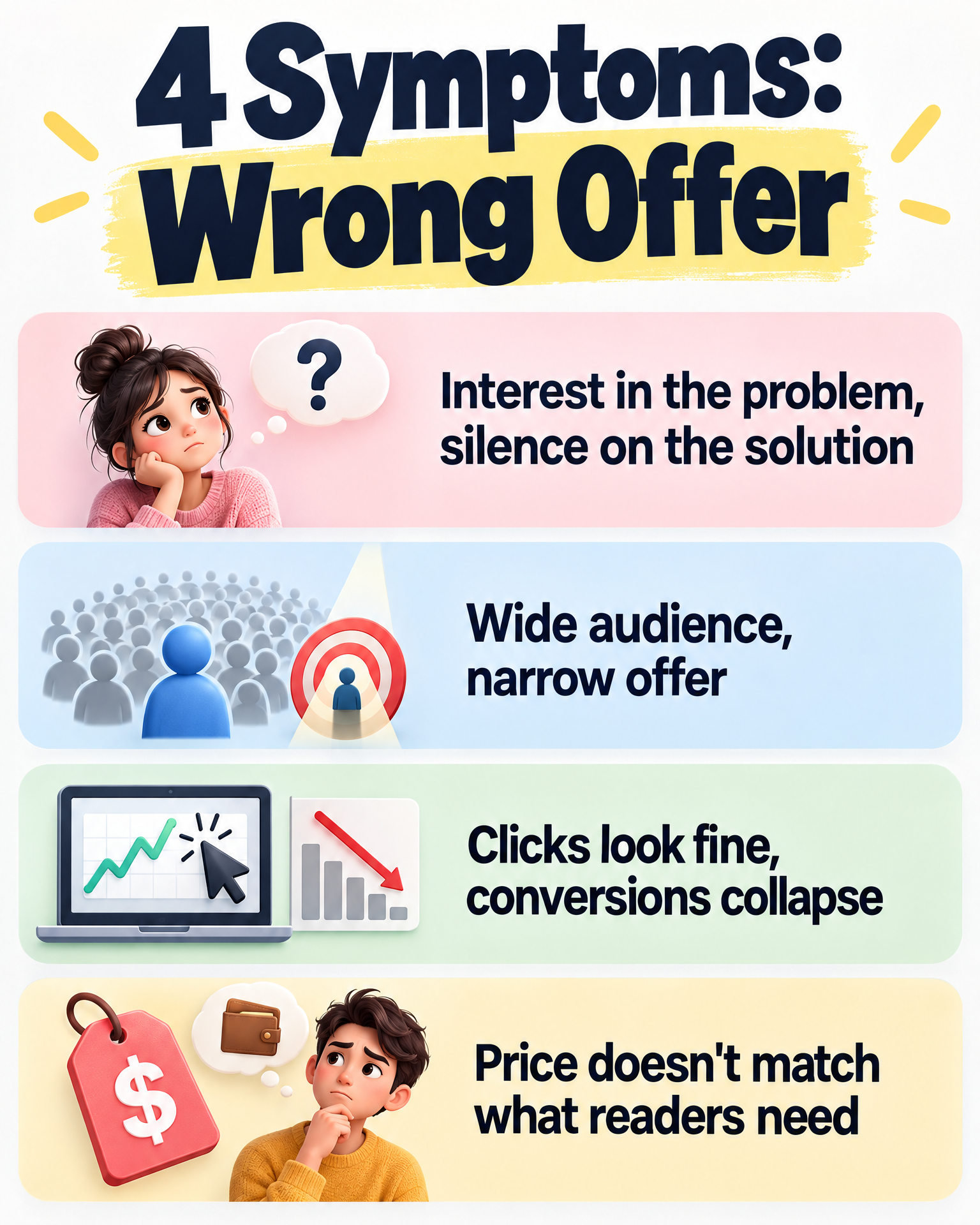 Infographic showing symptoms of offer-audience mismatch on an affiliate blog