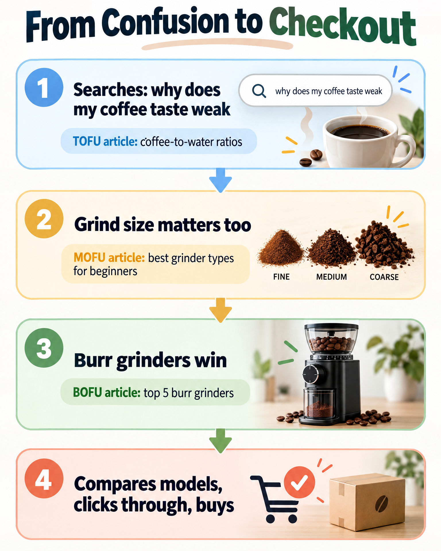 Infographic: from confusion to checkout — a reader journey across TOFU, MOFU, and BOFU content