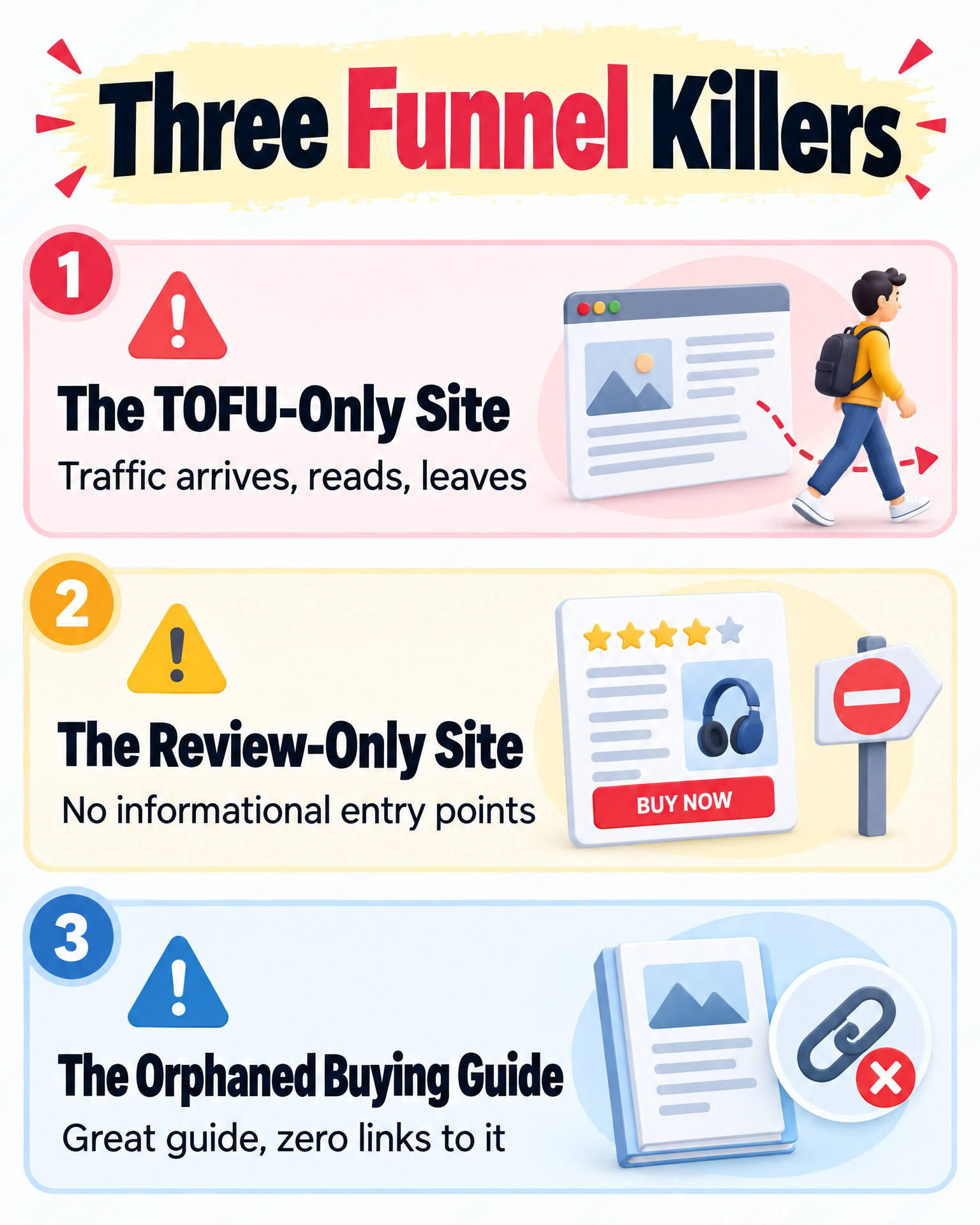 Infographic: three funnel killers — the TOFU-only site, the review-only site, and the orphaned buying guide