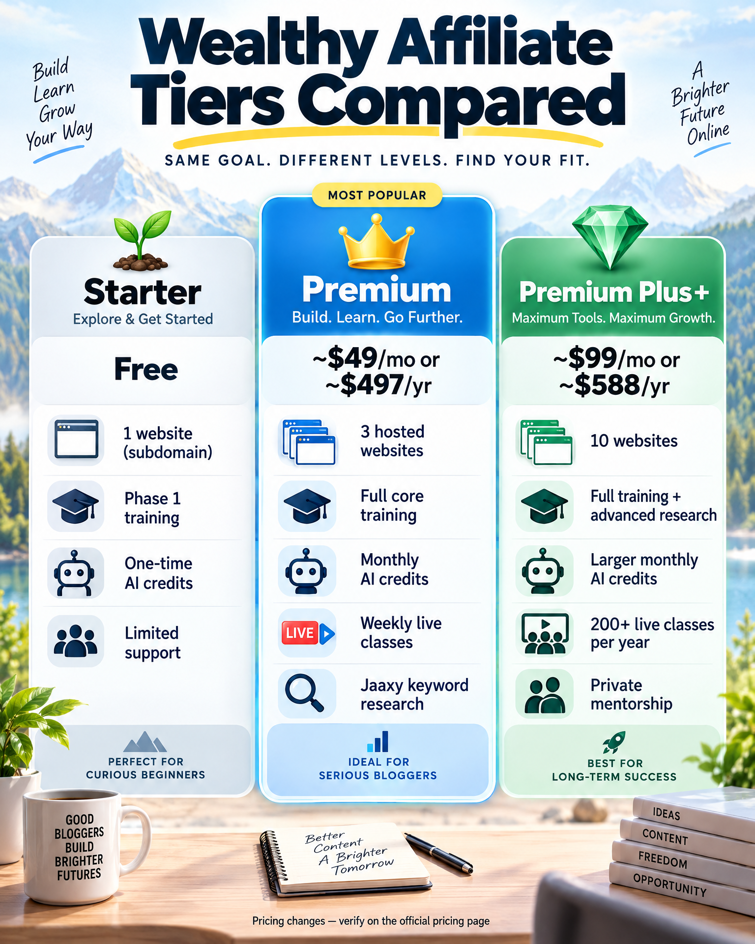 Wealthy Affiliate pricing tiers compared: Starter, Premium, and Premium Plus+