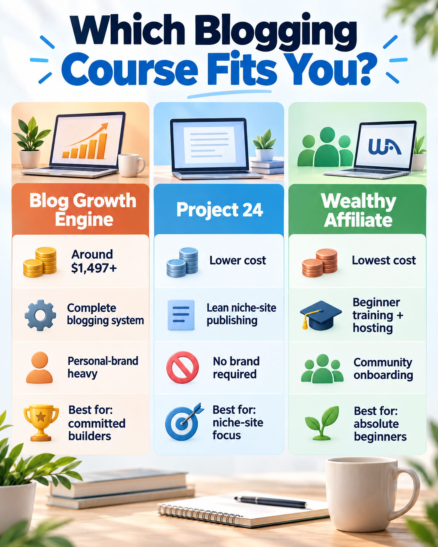 Infographic: Blog Growth Engine vs Project 24 vs Wealthy Affiliate comparison