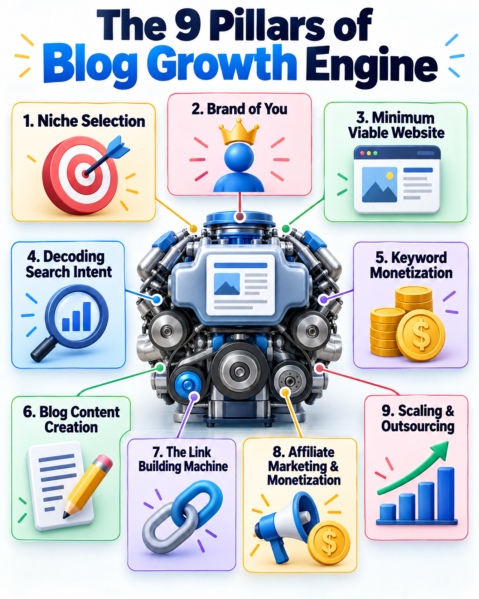 Infographic: the 9 pillars of the Blog Growth Engine curriculum