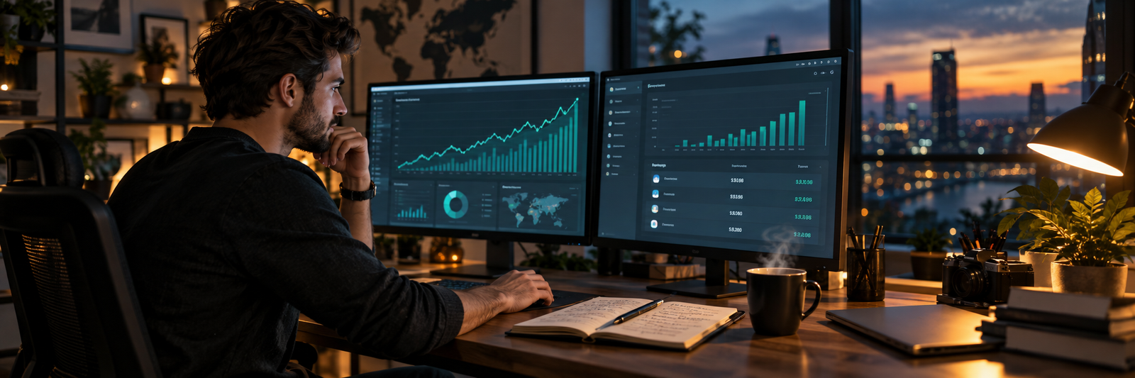 Banner for Making Sense of Affiliate Marketing Review - blogger at a desk with traffic analytics and affiliate commission dashboards