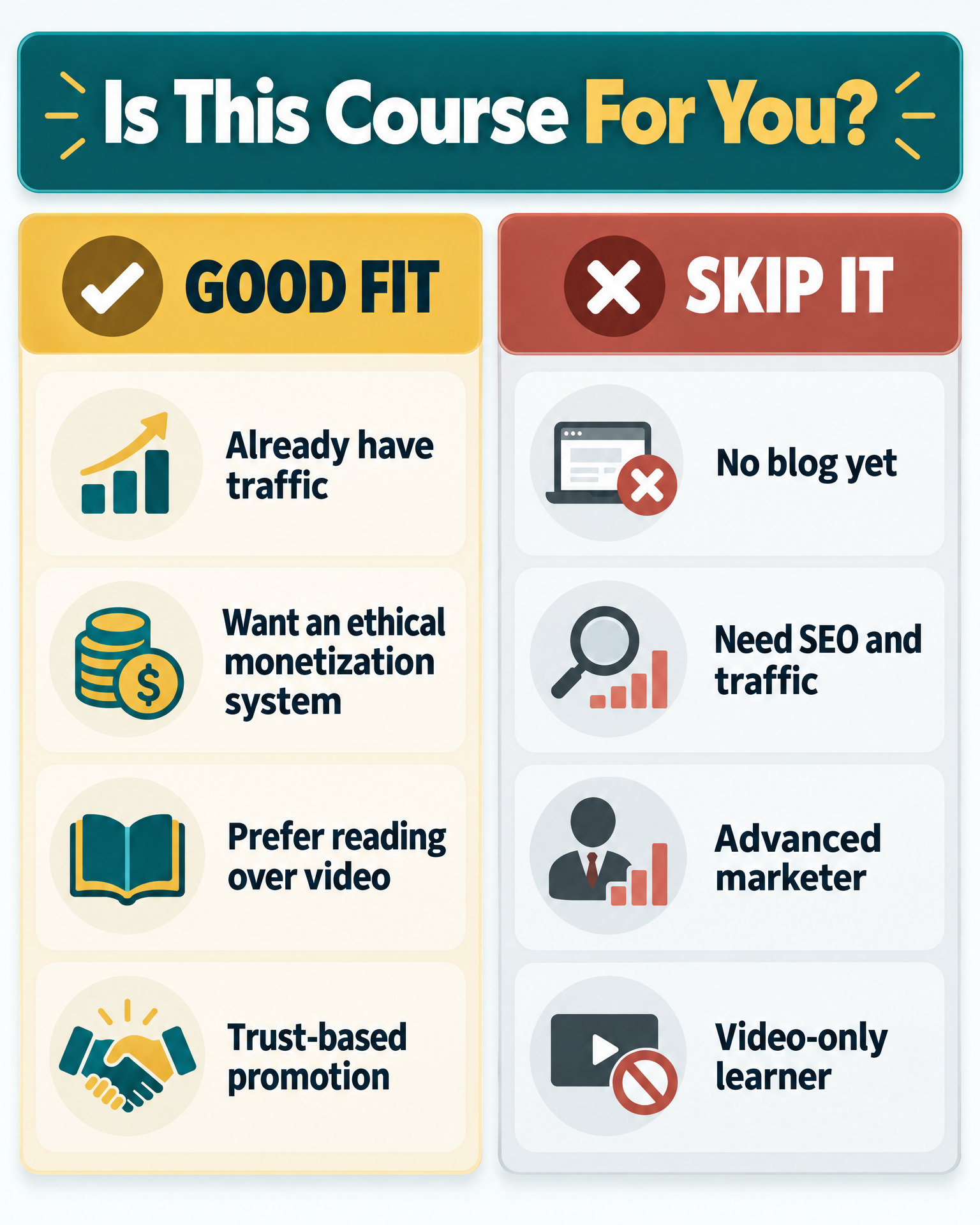 Infographic: Is this course for you? Good fit vs skip it checklist for Making Sense of Affiliate Marketing