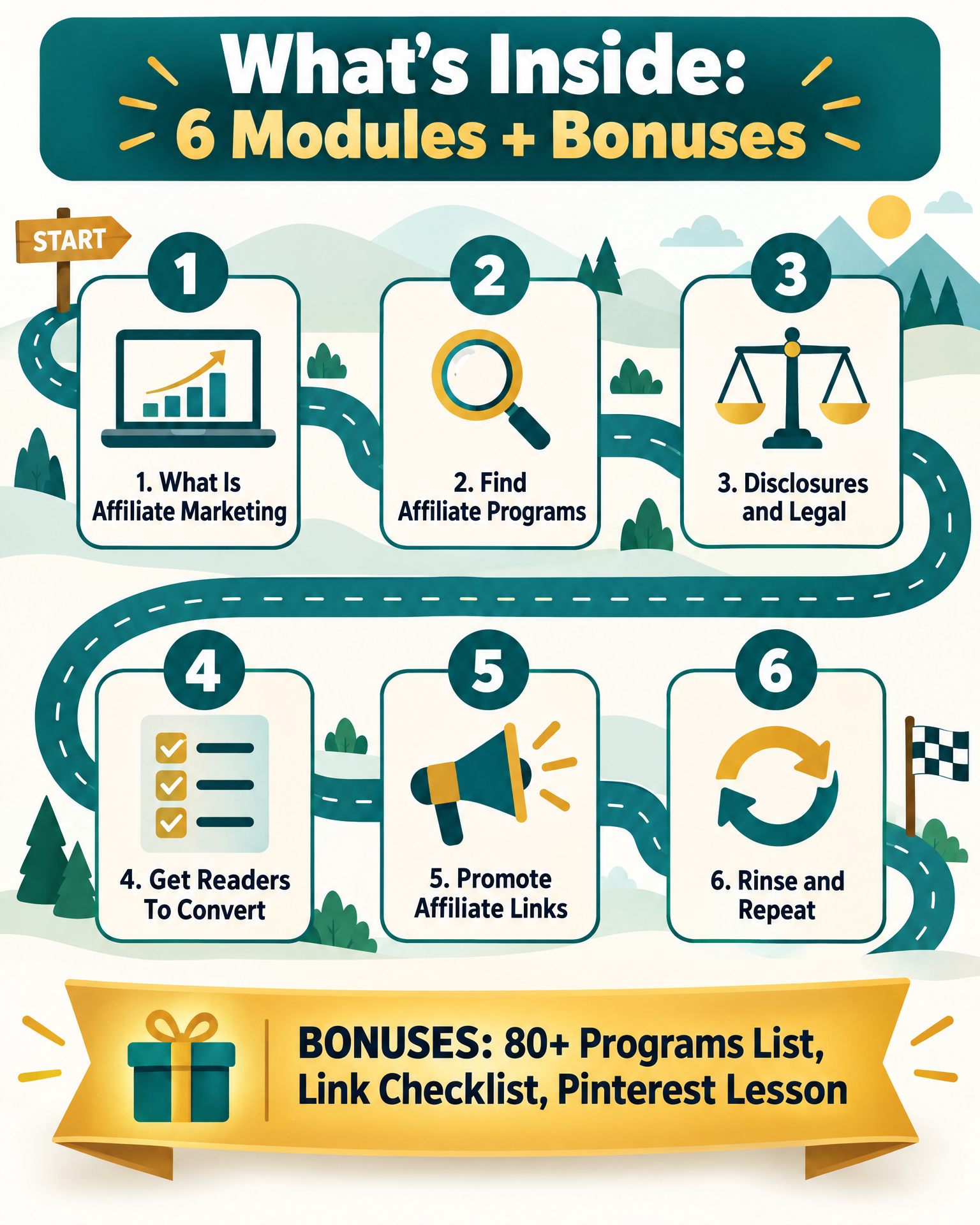 Infographic: course contents - 6 modules and bonuses of Making Sense of Affiliate Marketing