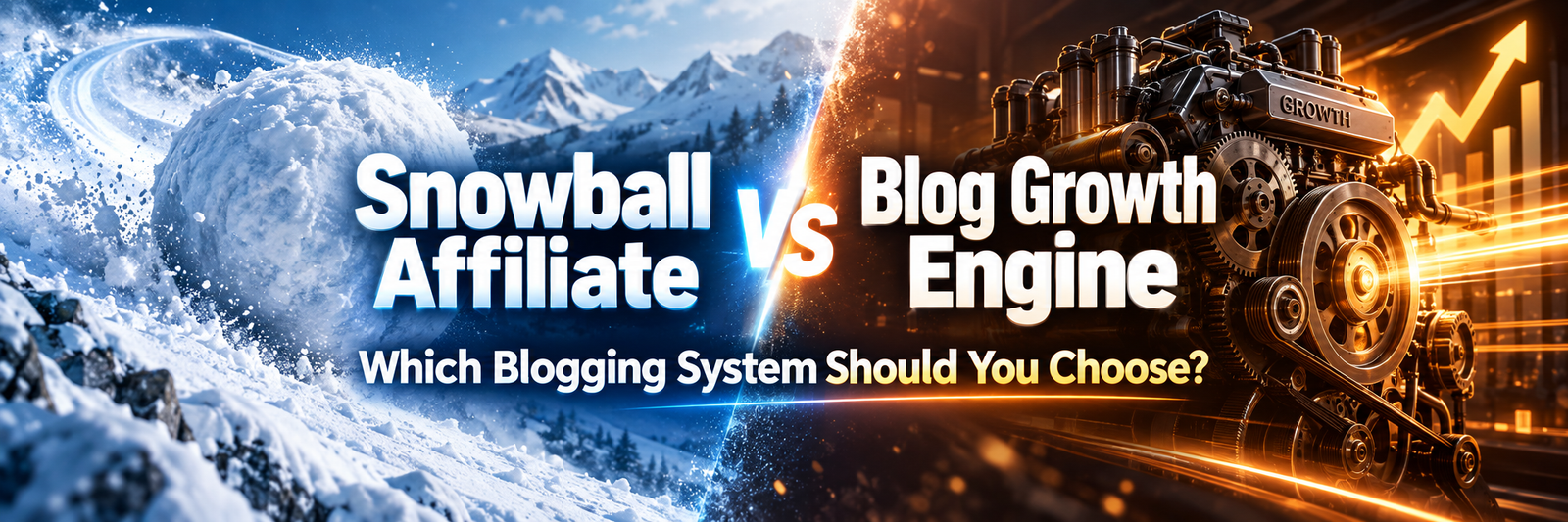 Split banner comparing Snowball Affiliate vs Blog Growth Engine: a rolling snowball of momentum on the left, warm growth-engine machinery on the right
