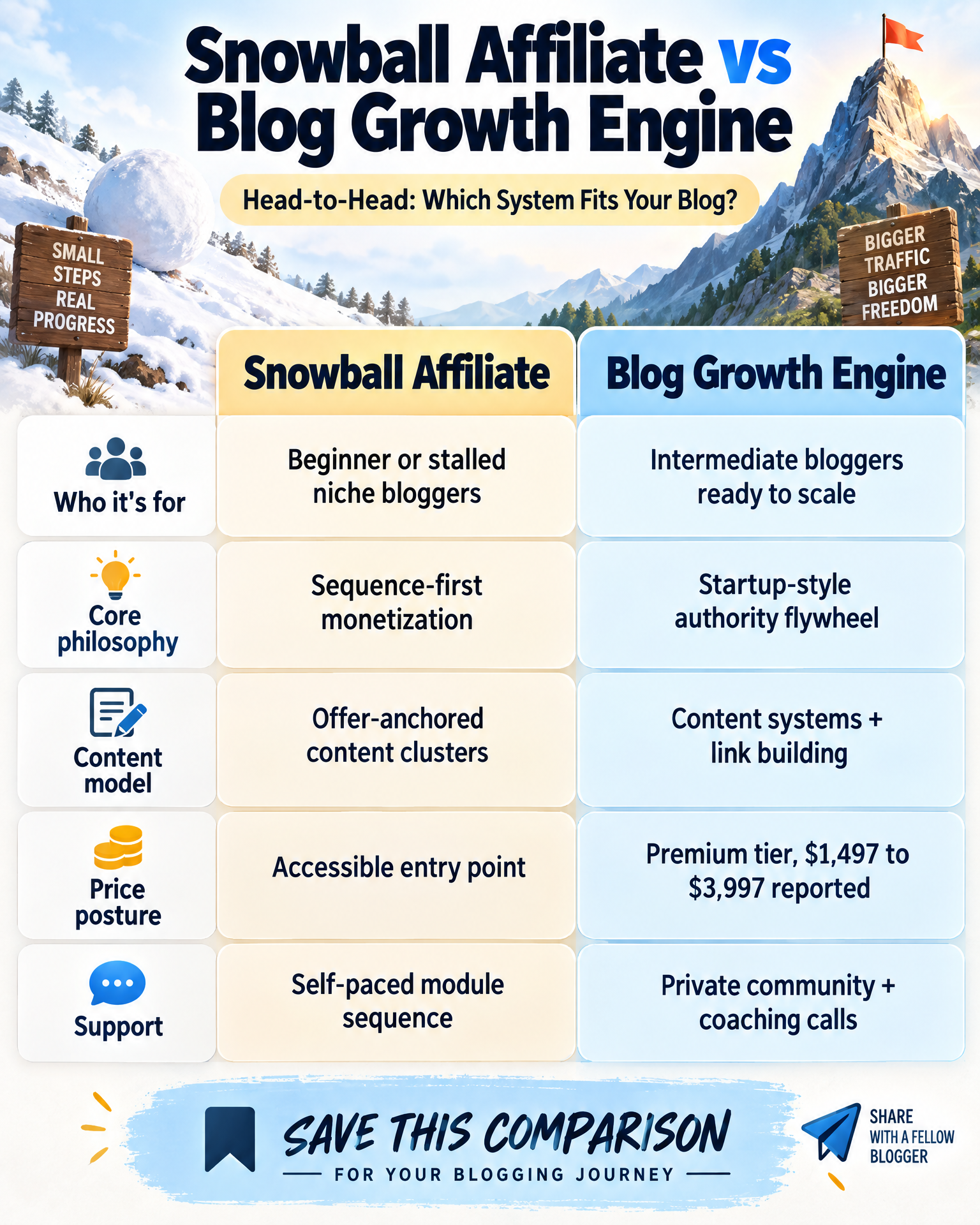 Head-to-head infographic comparing Snowball Affiliate vs Blog Growth Engine on audience, philosophy, content model, price posture, and support