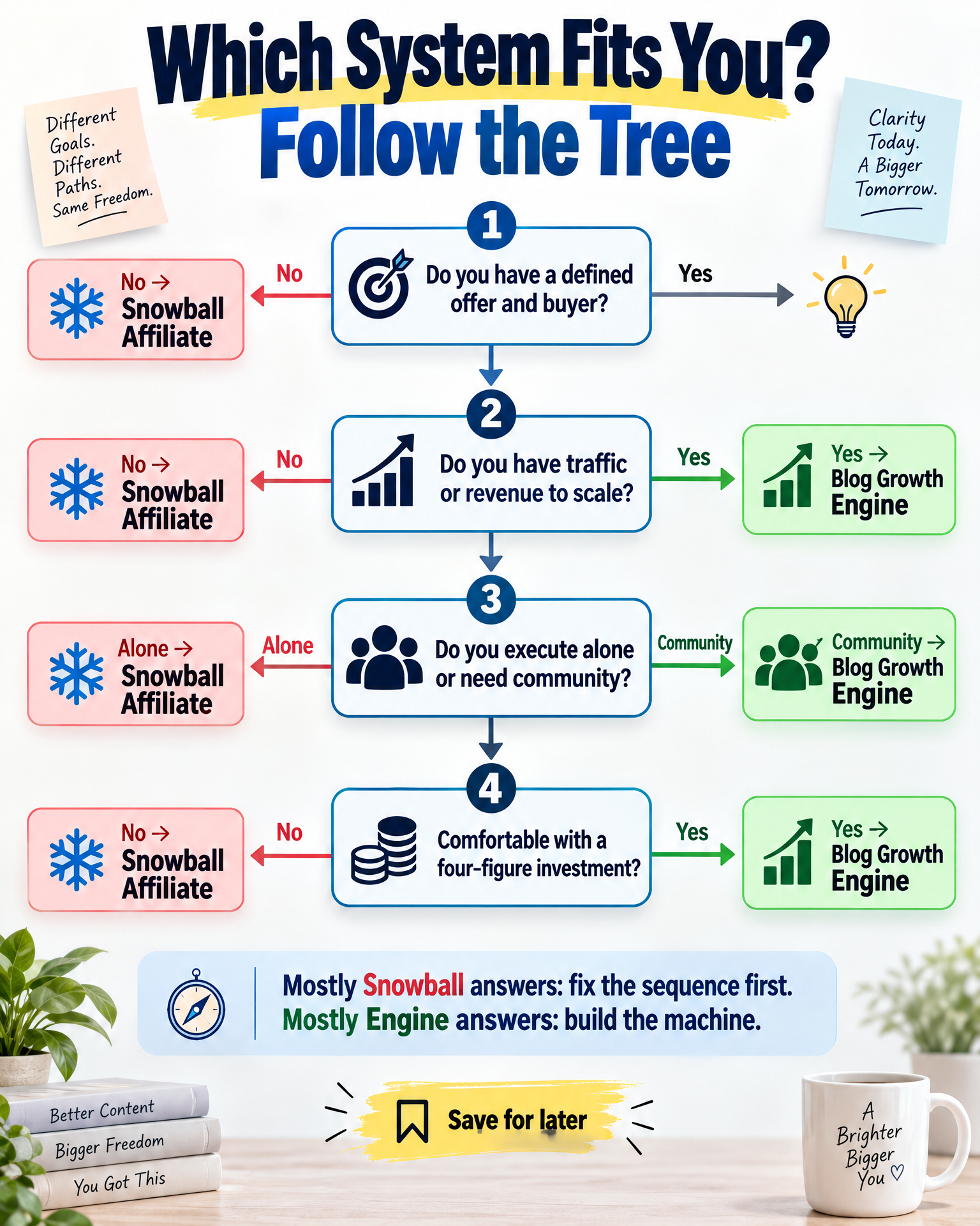Decision tree infographic helping affiliate bloggers choose between Snowball Affiliate and Blog Growth Engine
