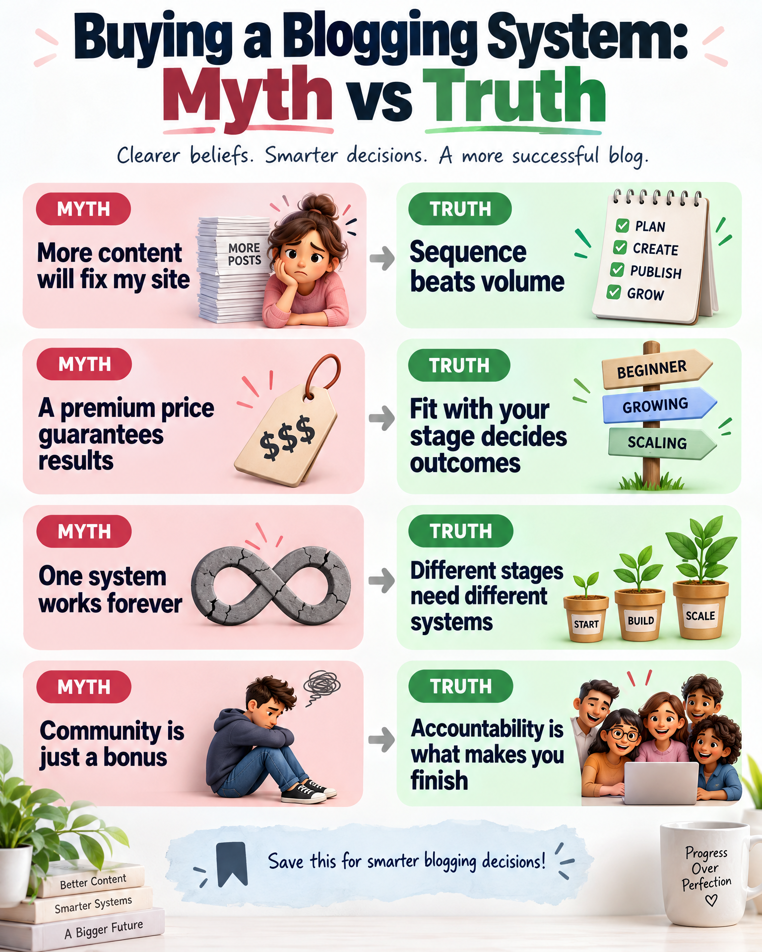 Myth vs truth infographic about buying a blogging system as an affiliate marketer
