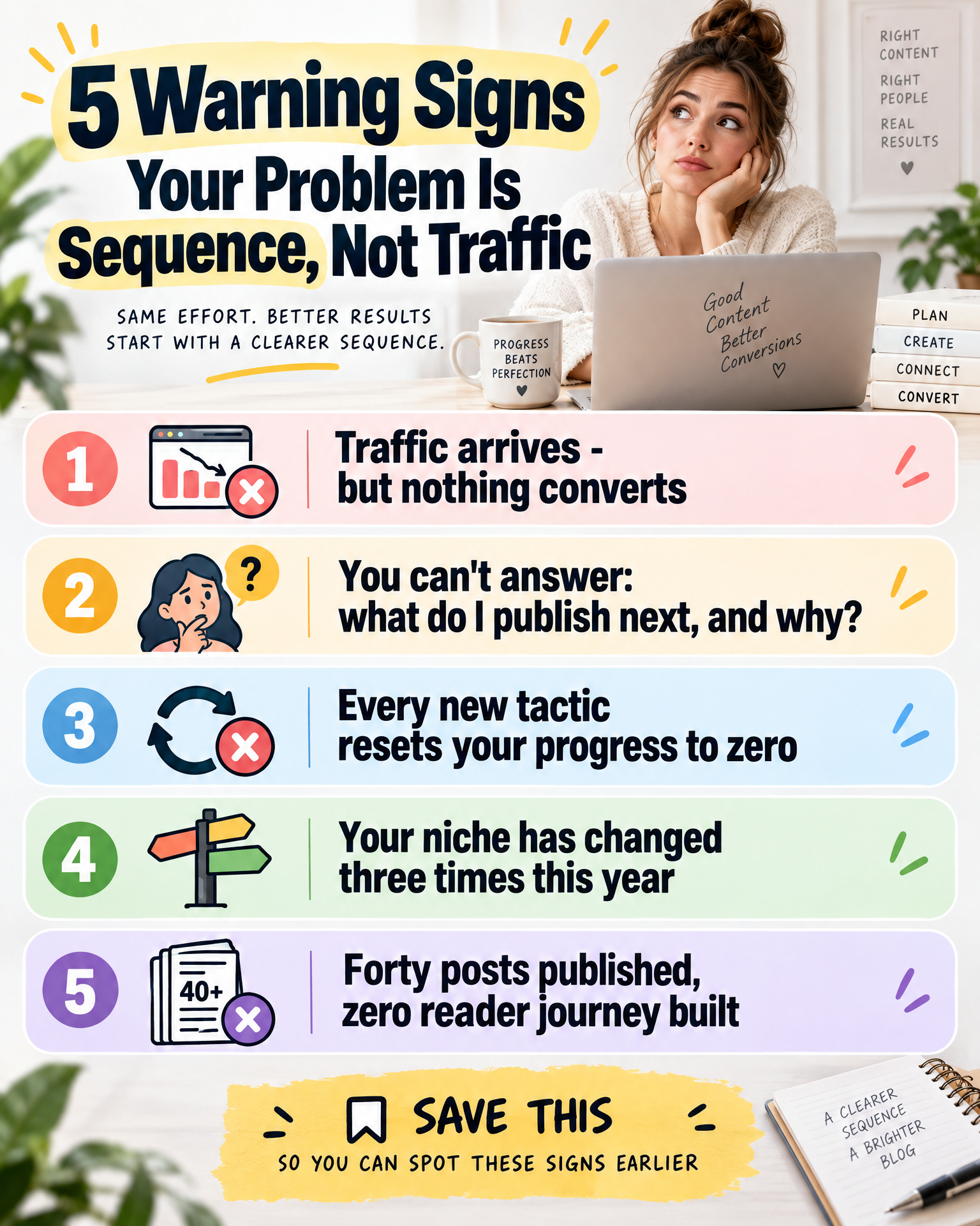 Infographic listing five warning signs your affiliate blog's problem is sequence, not traffic