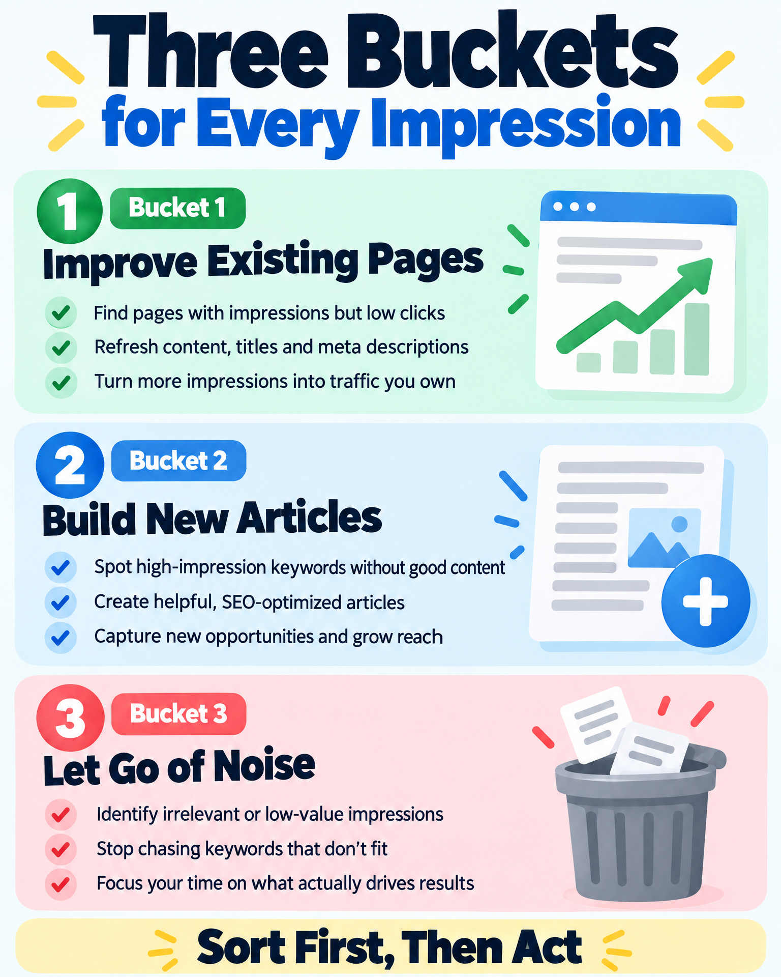 Infographic: three buckets for every impression — improve, build, or let go