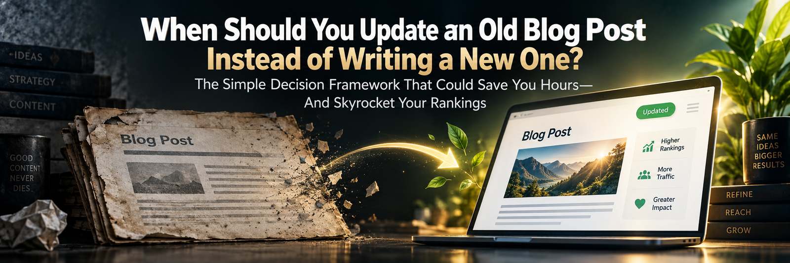 Banner for When Should You Update an Old Blog Post Instead of Writing a New One - old blog post transforming into a refreshed page