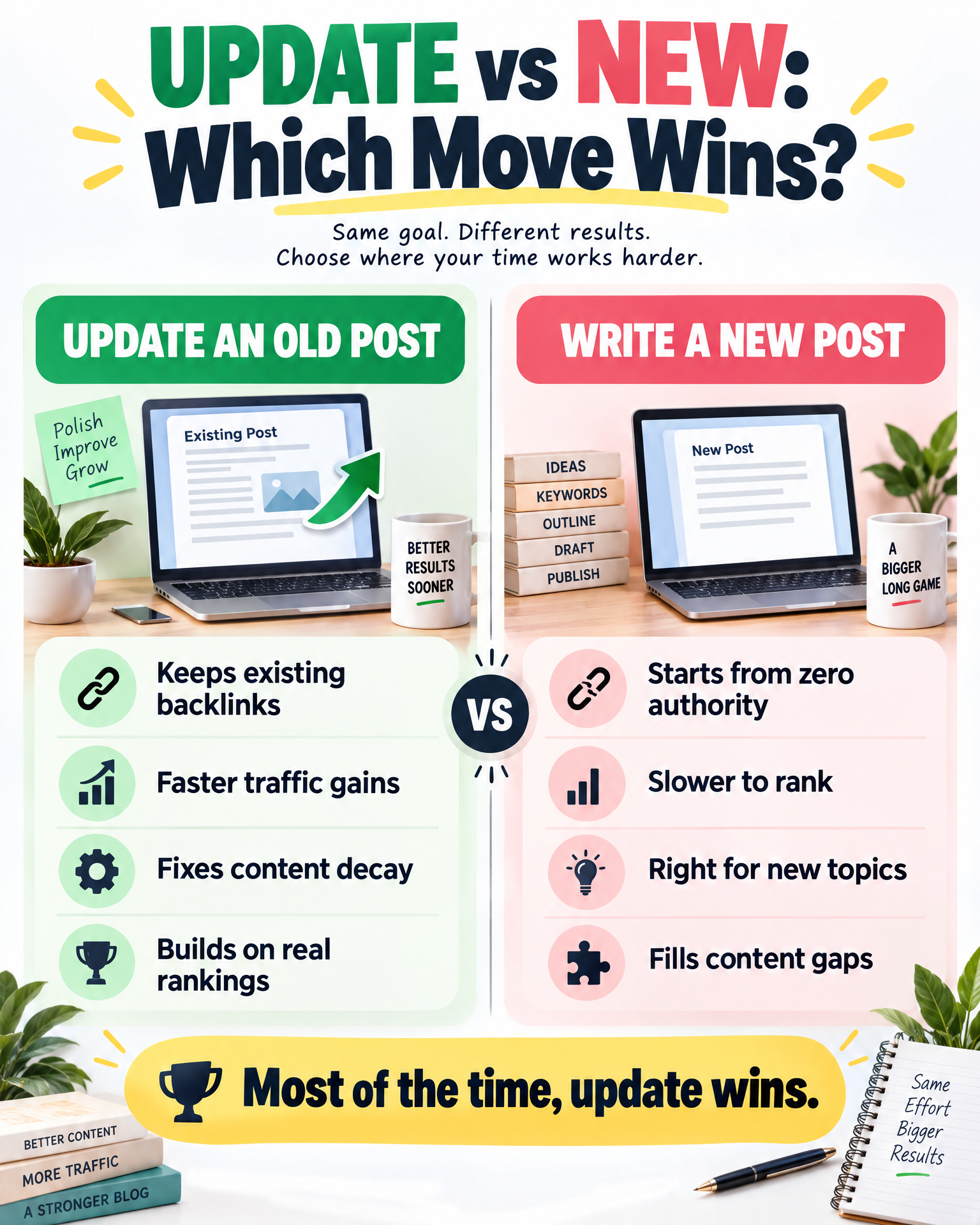Comparison infographic: update an old post versus write a new one for affiliate bloggers