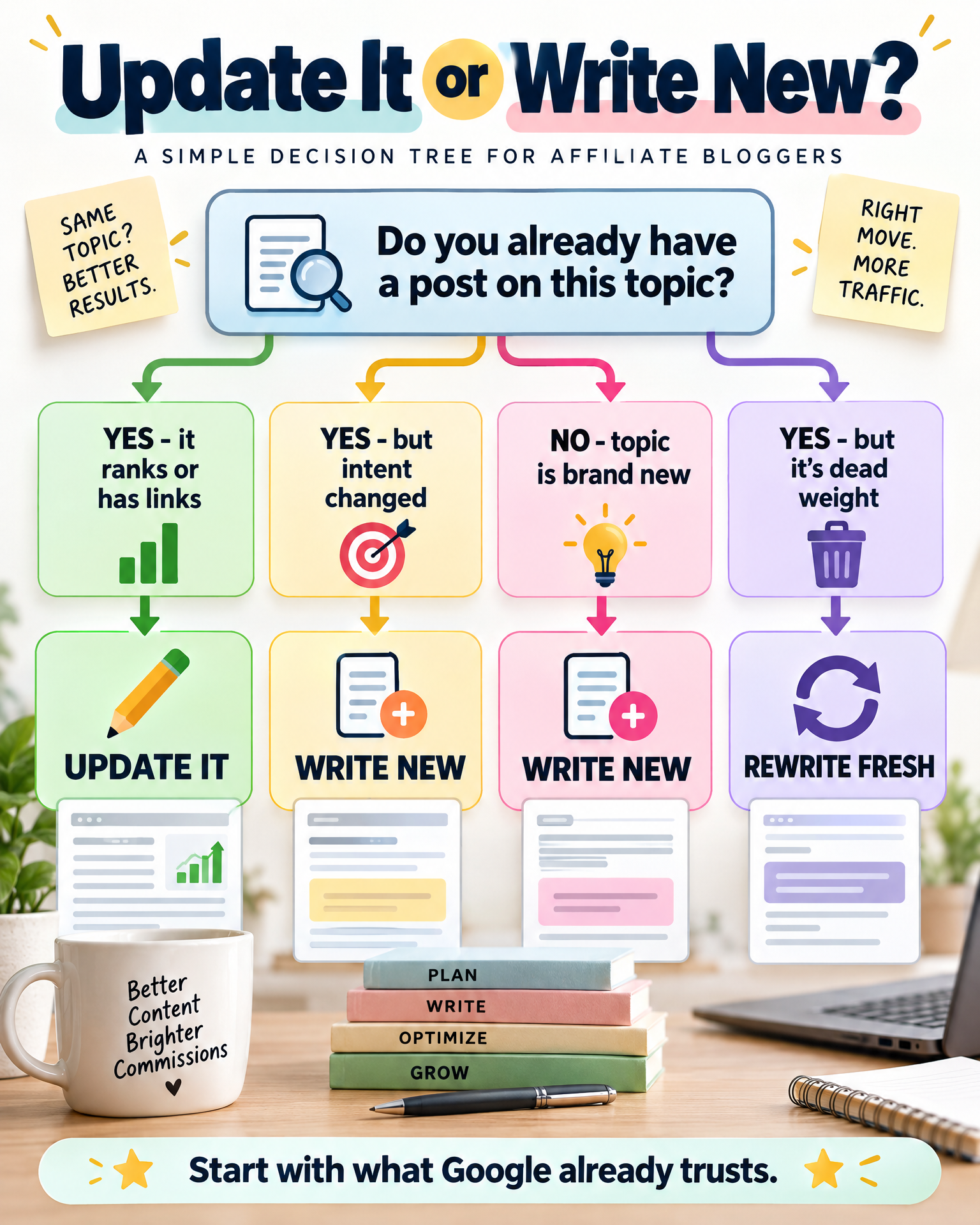 Decision tree infographic: should you update it or write new