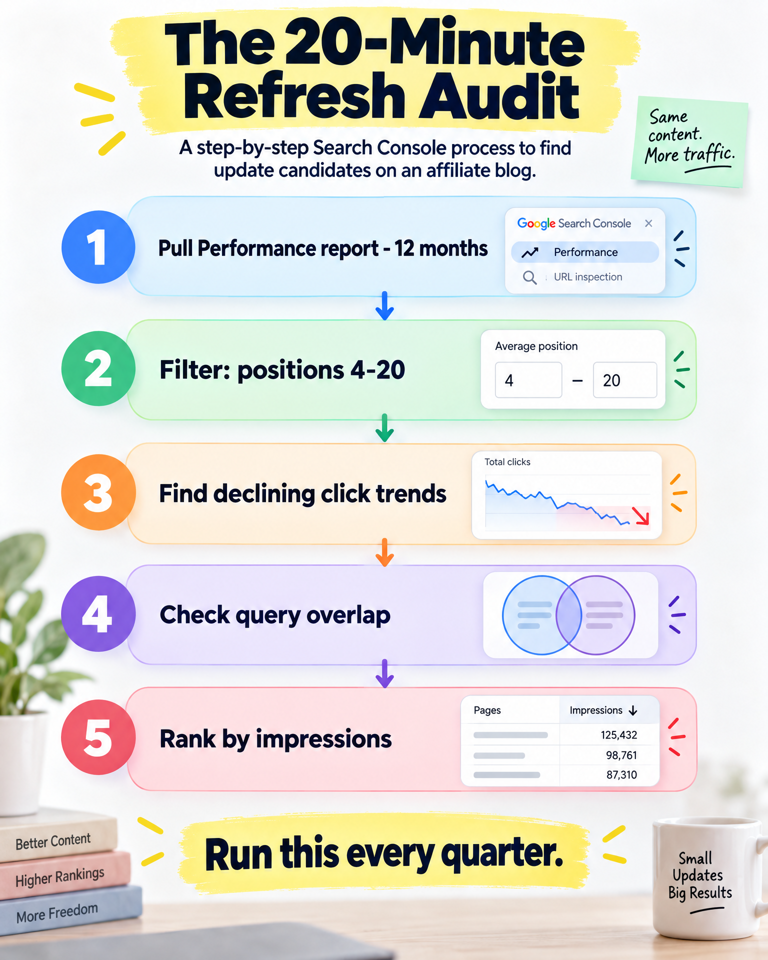 Flowchart infographic: the 20-minute refresh audit in Search Console