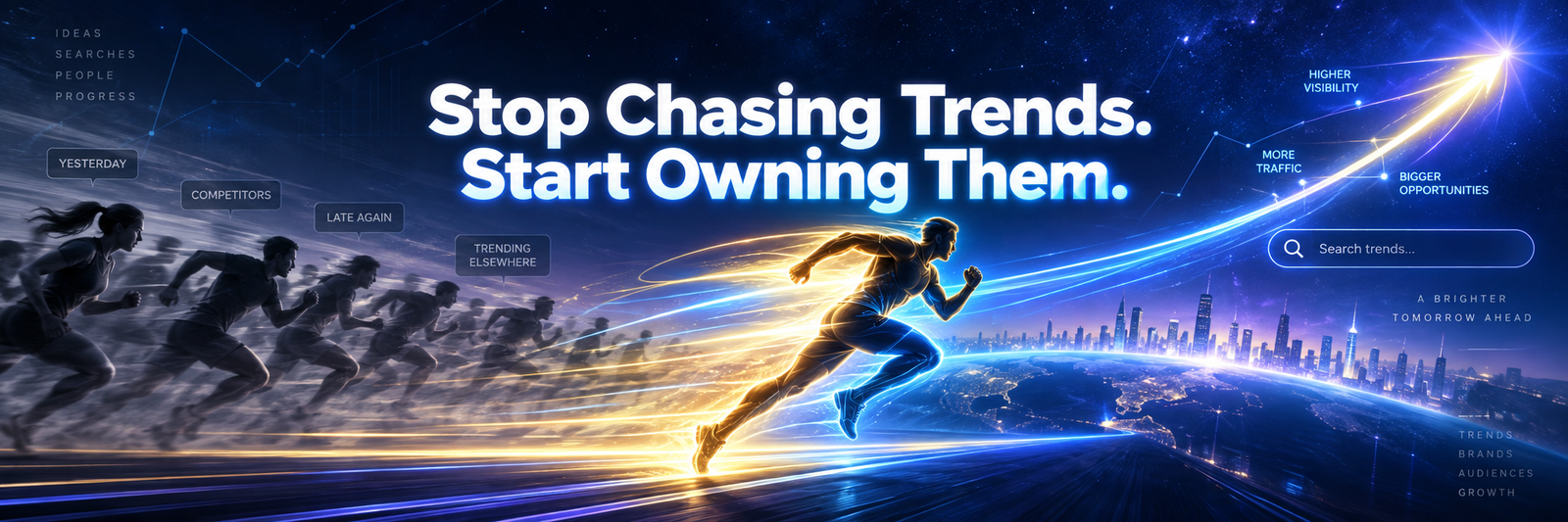 Banner for Why Your Affiliate Site Keeps Arriving Late to New Search Trends - a glowing runner breaks ahead of competitors chasing a rising search trend line
