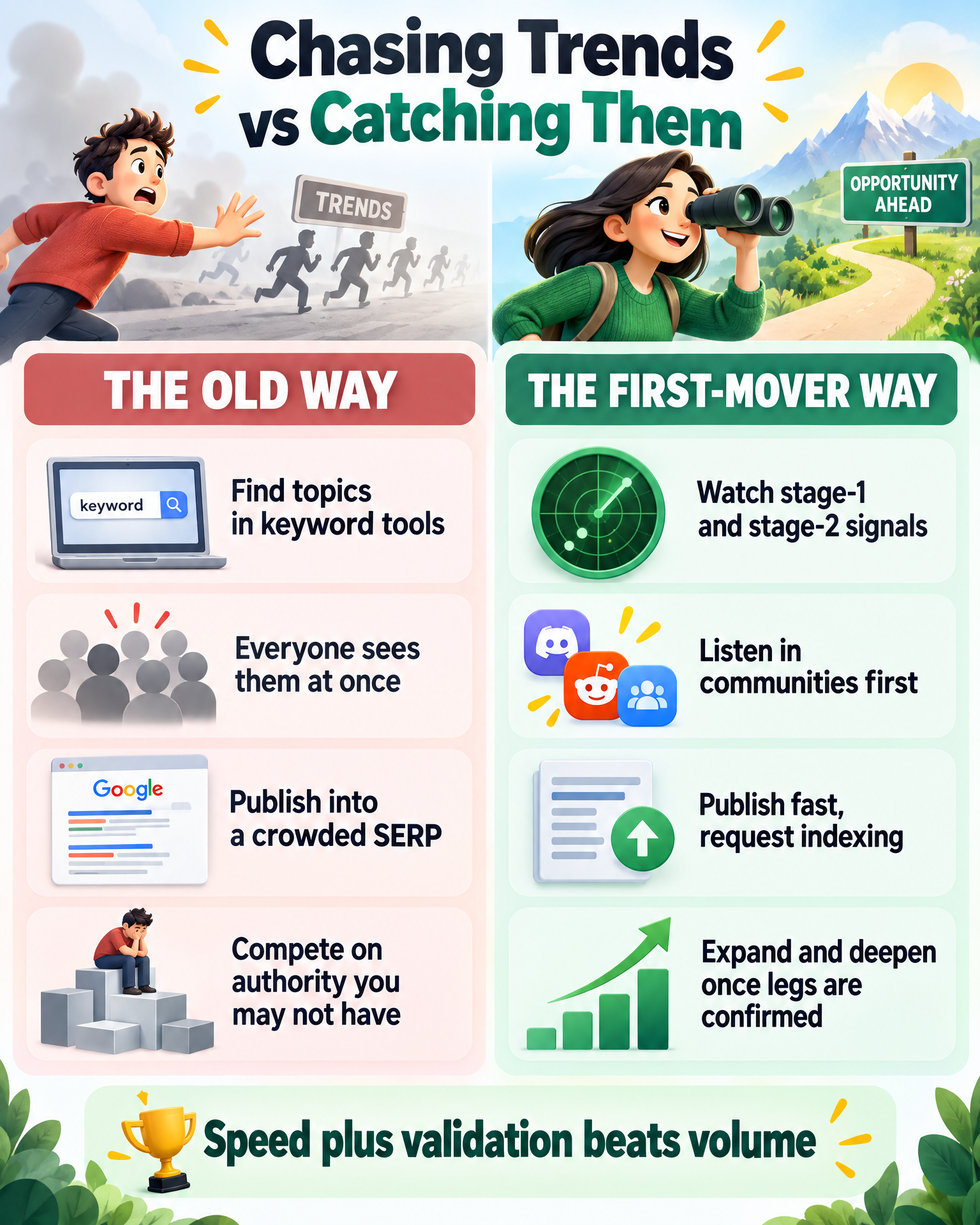 Infographic: chasing trends versus catching them - the old keyword-tool way compared with the first-mover early-signal way