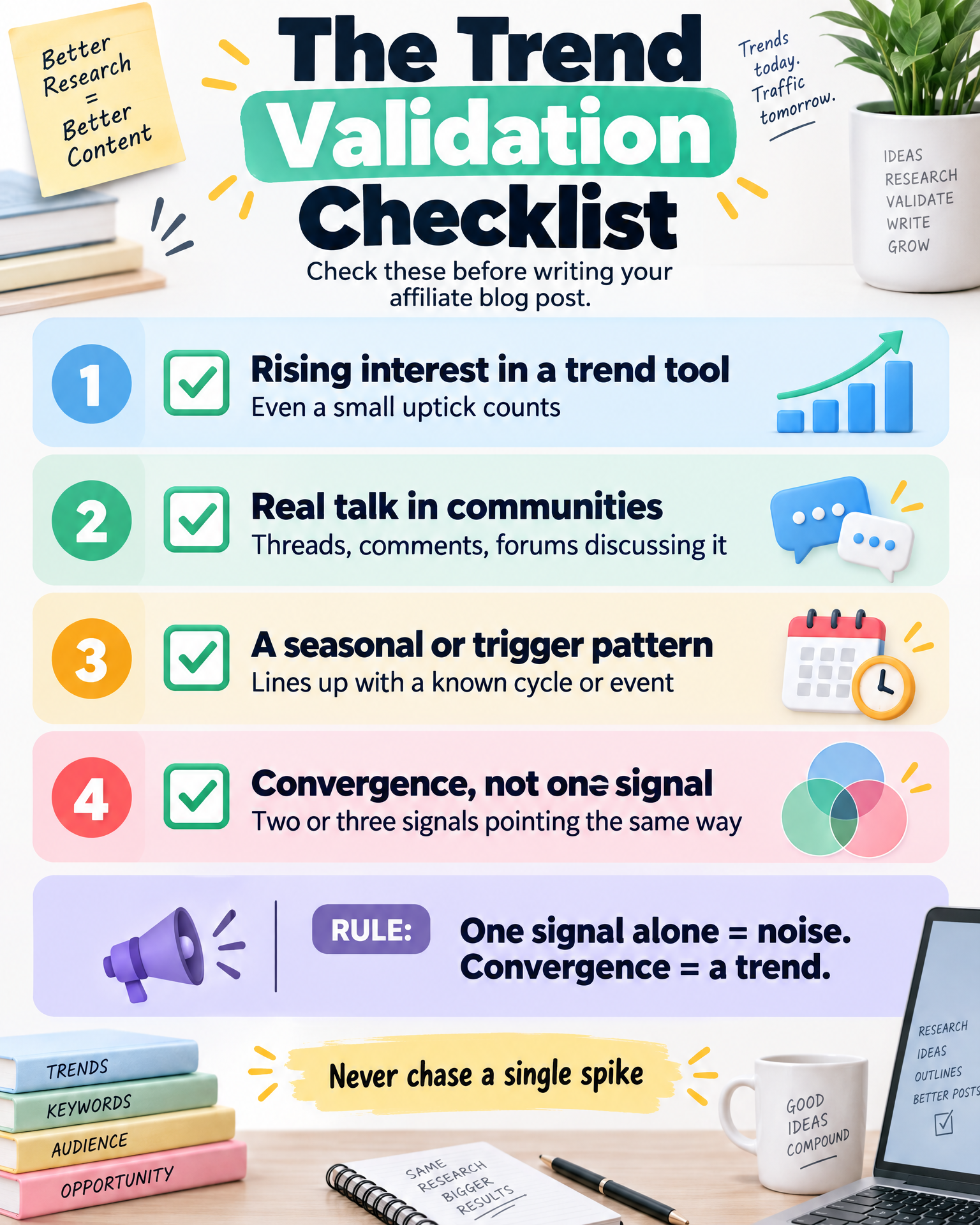 Infographic: The Trend Validation Checklist - rising interest, community talk, seasonal patterns, and convergence before you write