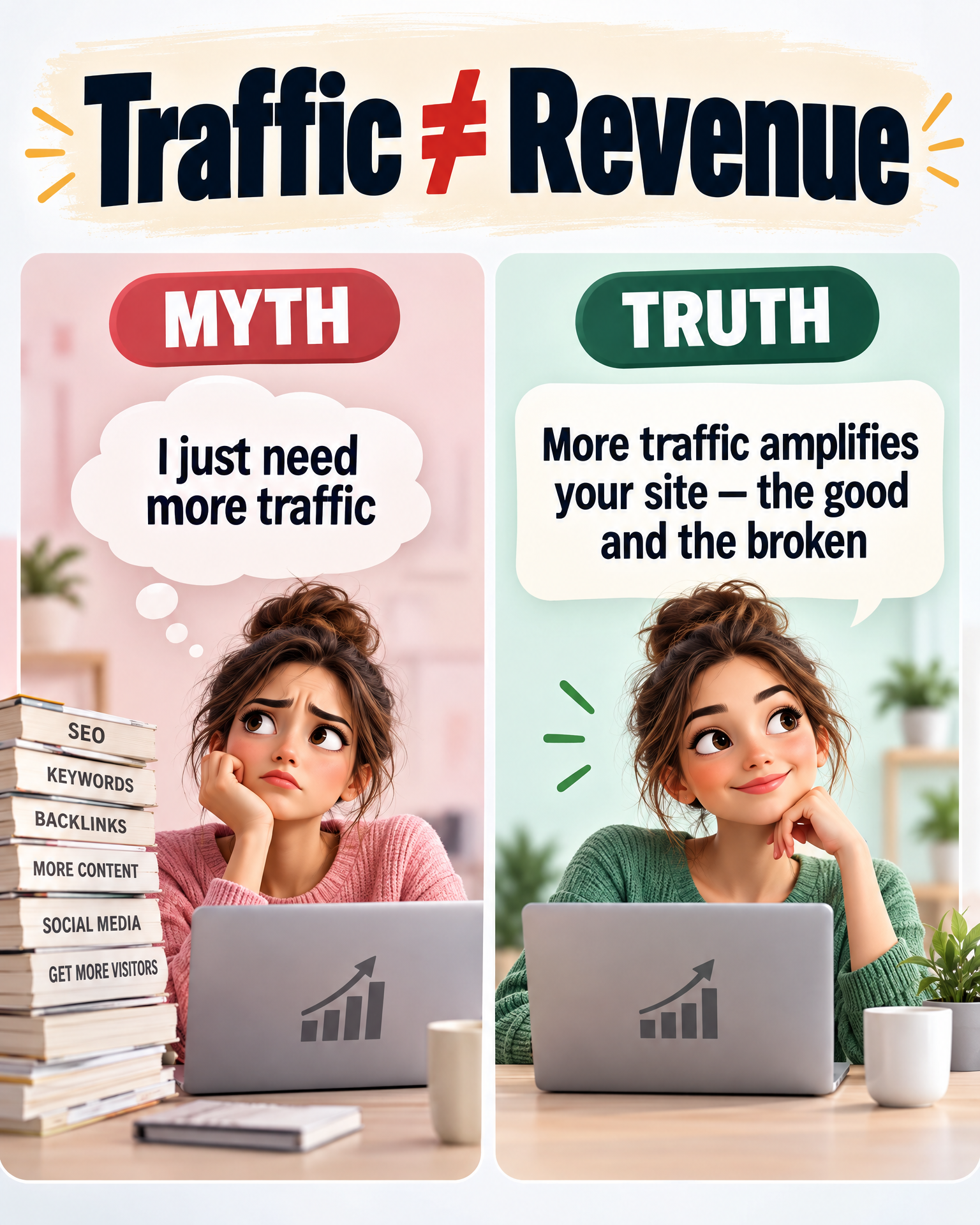 Infographic debunking the myth that more traffic fixes an affiliate blog with no sales
