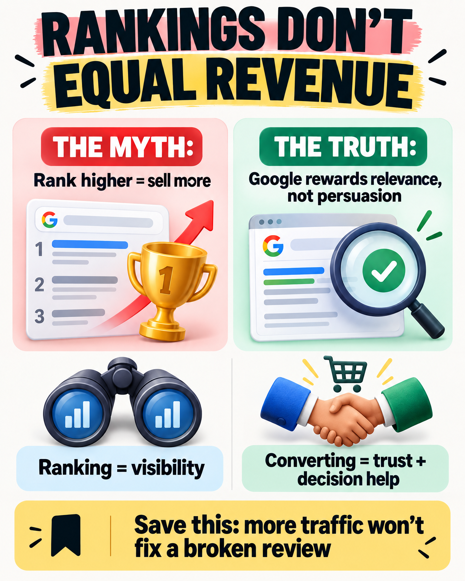 Infographic: rankings don't equal revenue — myth vs truth for product review conversions