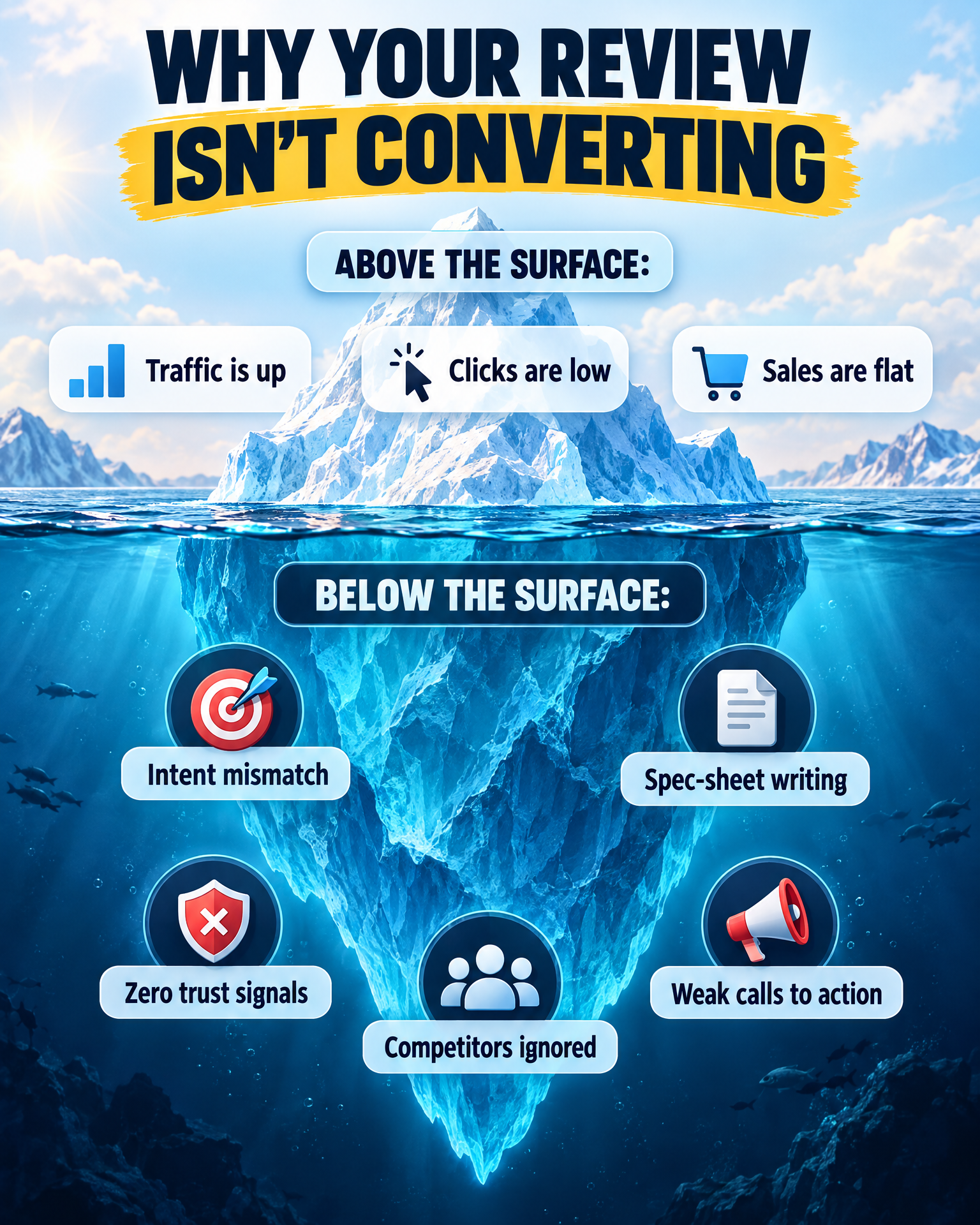 Infographic: iceberg showing why a product review isn't converting — surface symptoms vs hidden causes