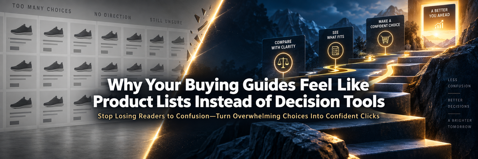 Banner graphic: why buying guides feel like product lists instead of decision tools - a gray product list grid transforming into a glowing decision path