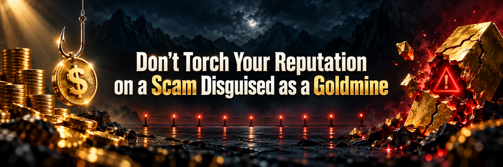 Blog banner with a gold coin hanging from a fishing hook beside a cracking gold rock with a warning sign, and the text: Don't Torch Your Reputation on a Scam Disguised as a Goldmine.