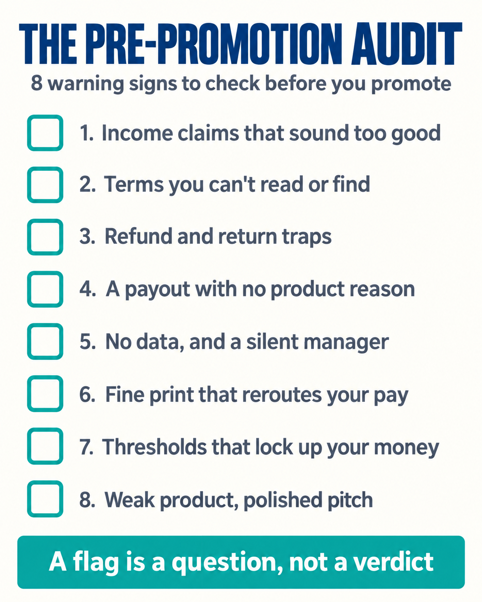 Checklist infographic titled The Pre-Promotion Audit: eight affiliate offer warning signs to check before you promote — income claims, unreadable terms, refund traps, payout math, missing performance data, attribution fine print, payout thresholds, and weak product signals.