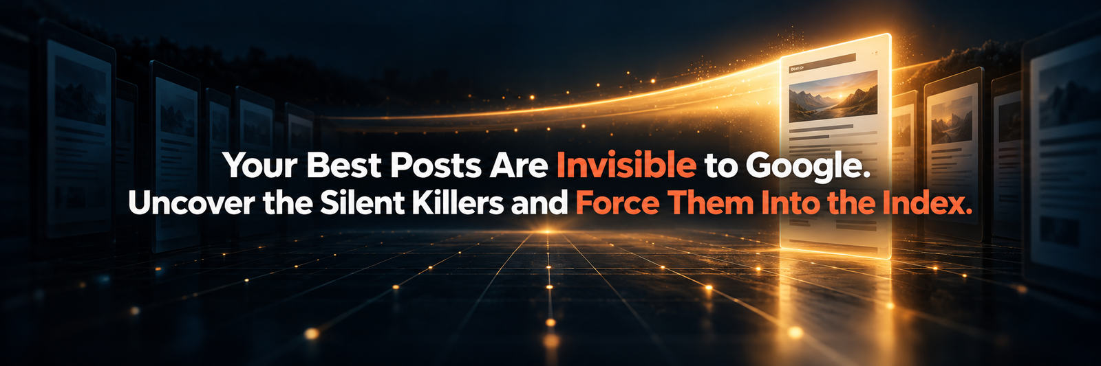 Blog banner: a blog post emerging from darkness into light, with the text Your Best Posts Are Invisible to Google. Uncover the Silent Killers and Force Them Into the Index.