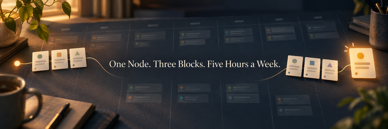 Blog banner showing a connected path of post cards across a weekly calendar, with the text: One Node. Three Blocks. Five Hours a Week.