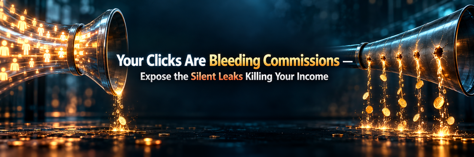 Blog banner: a glass funnel of visitors leaking gold coins, with the text Your Clicks Are Bleeding Commissions — Expose the Silent Leaks Killing Your Income